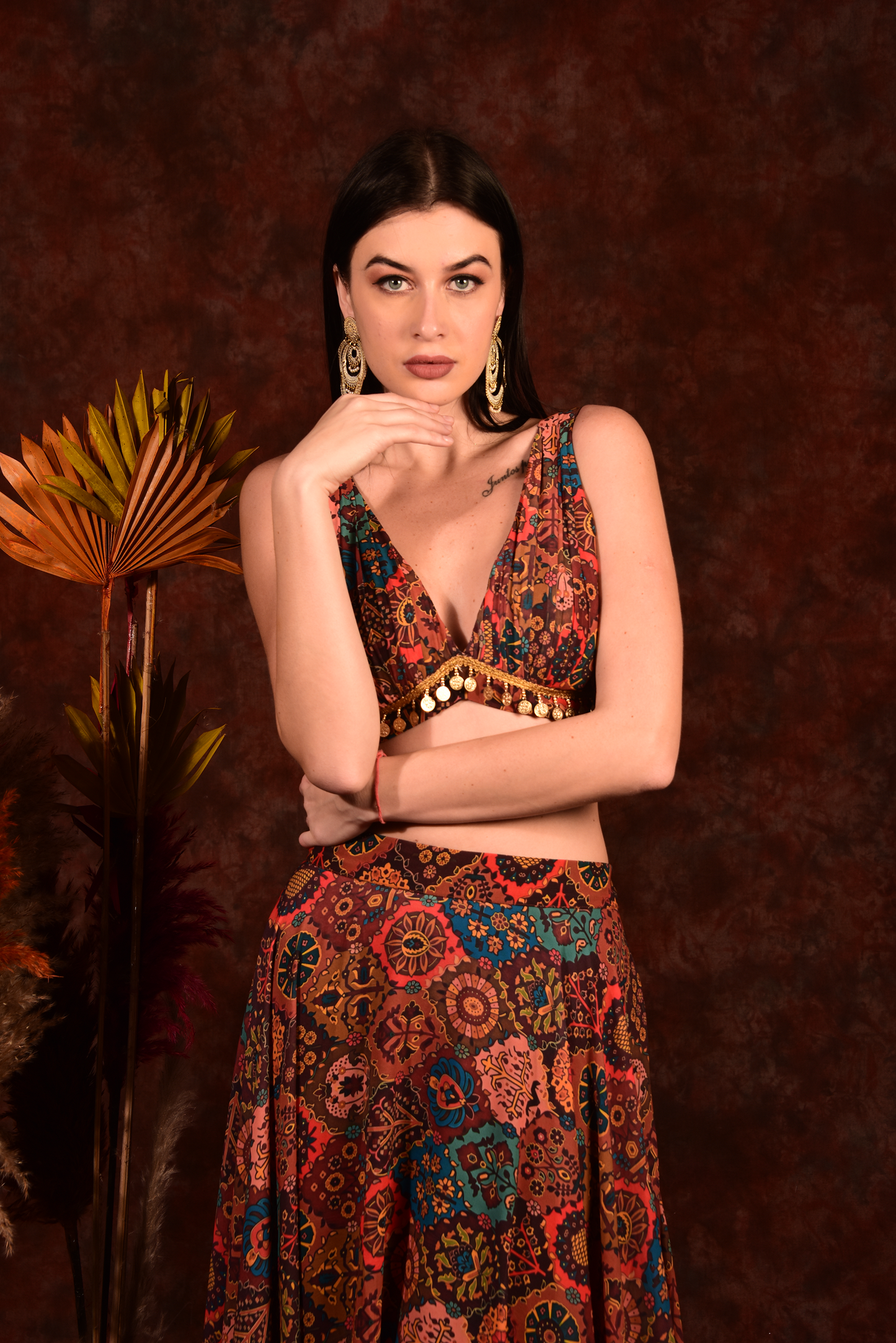 Brick Multicolour Crop Top Skirt With Shrug