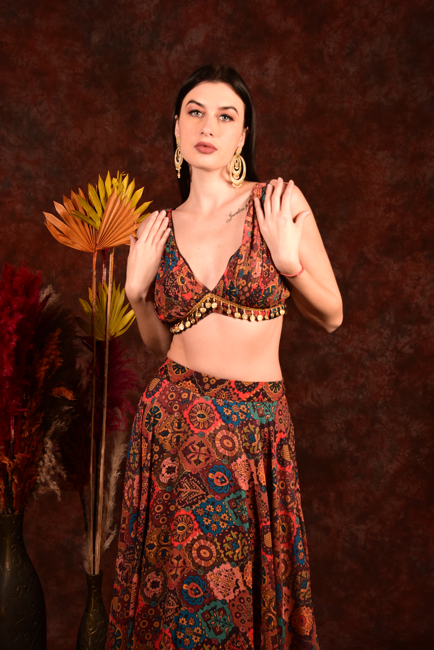 Brick Multicolour Crop Top Skirt With Shrug