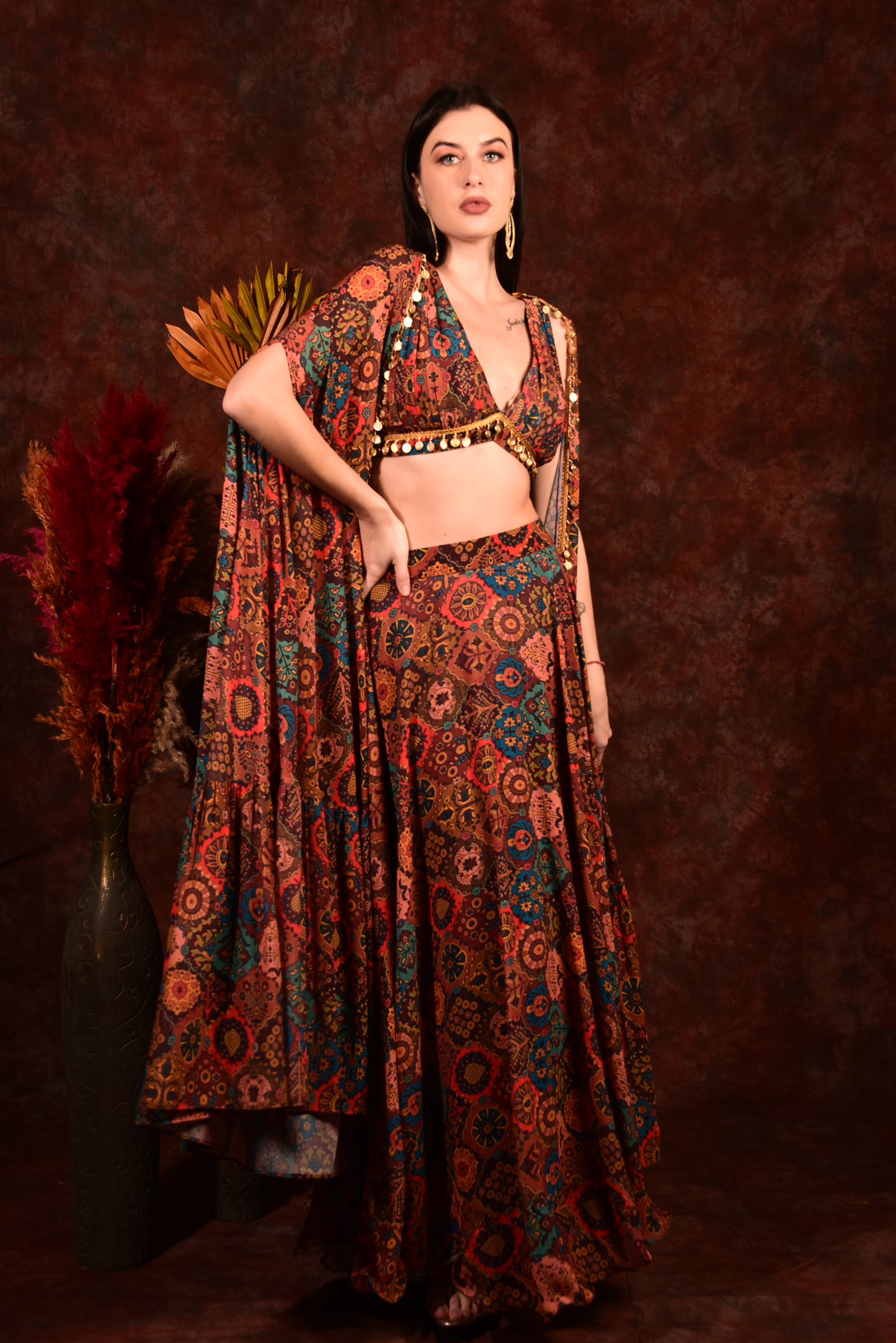 Brick Multicolour Crop Top Skirt With Shrug
