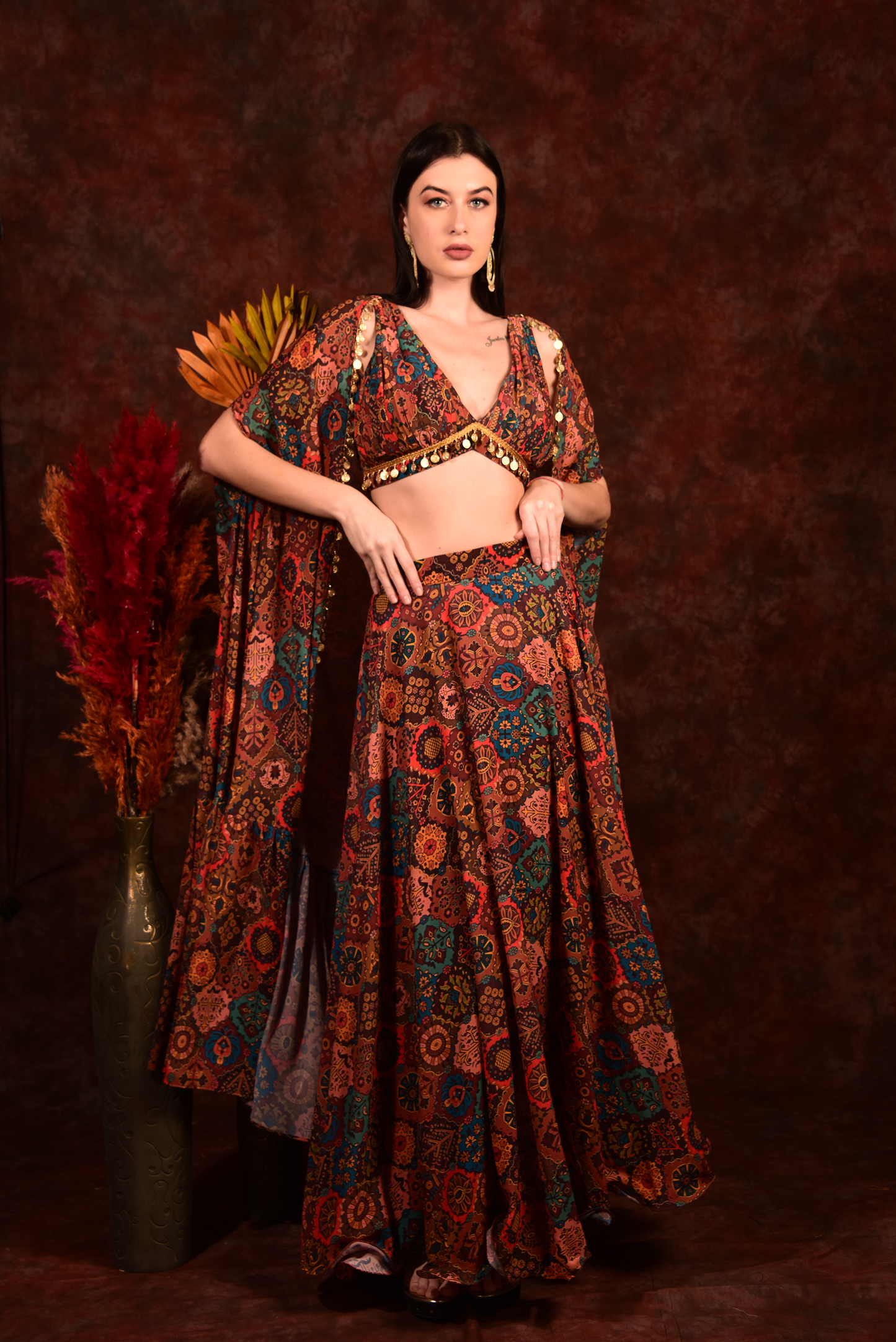 Brick Multicolour Crop Top Skirt With Shrug