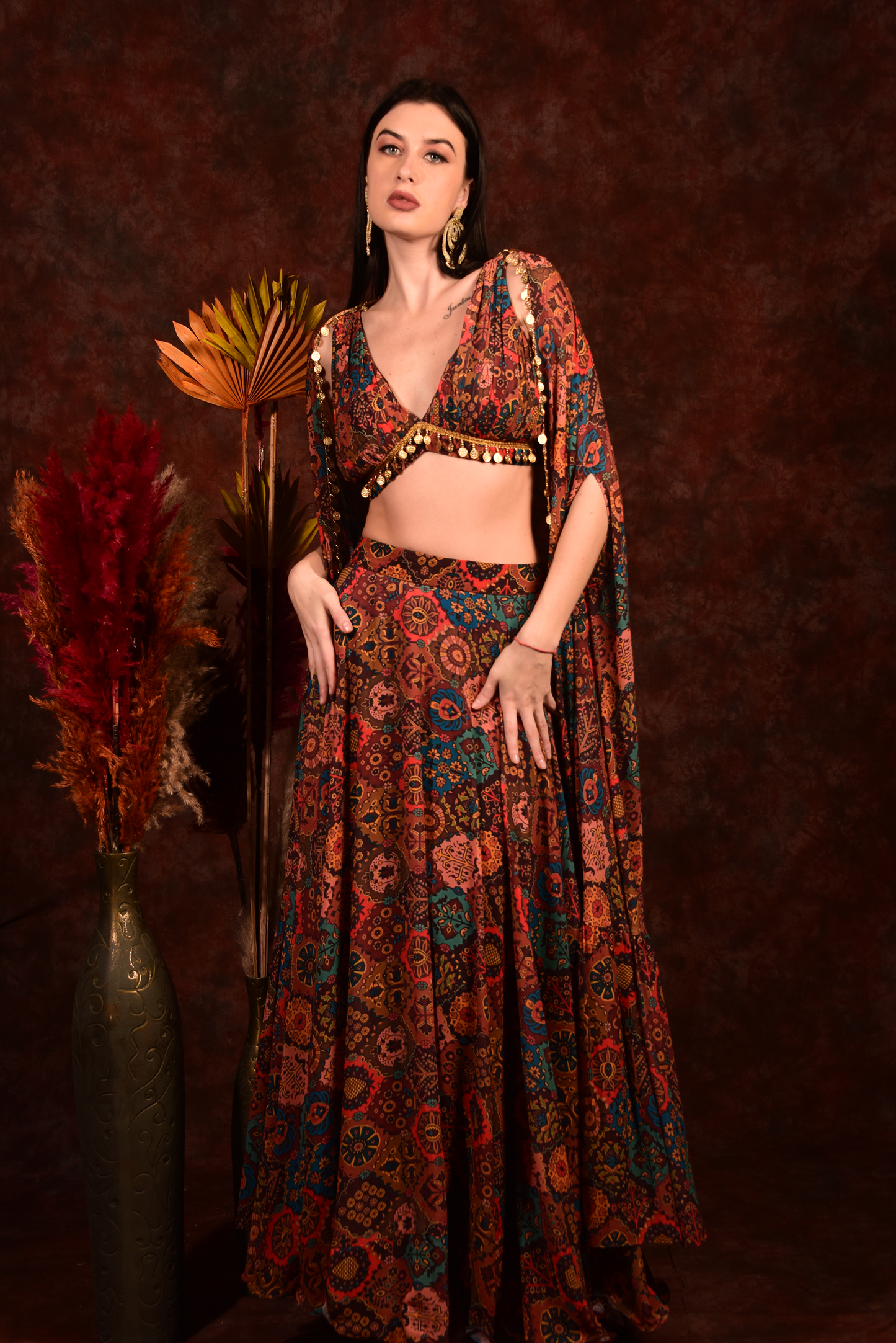 Brick Multicolour Crop Top Skirt With Shrug