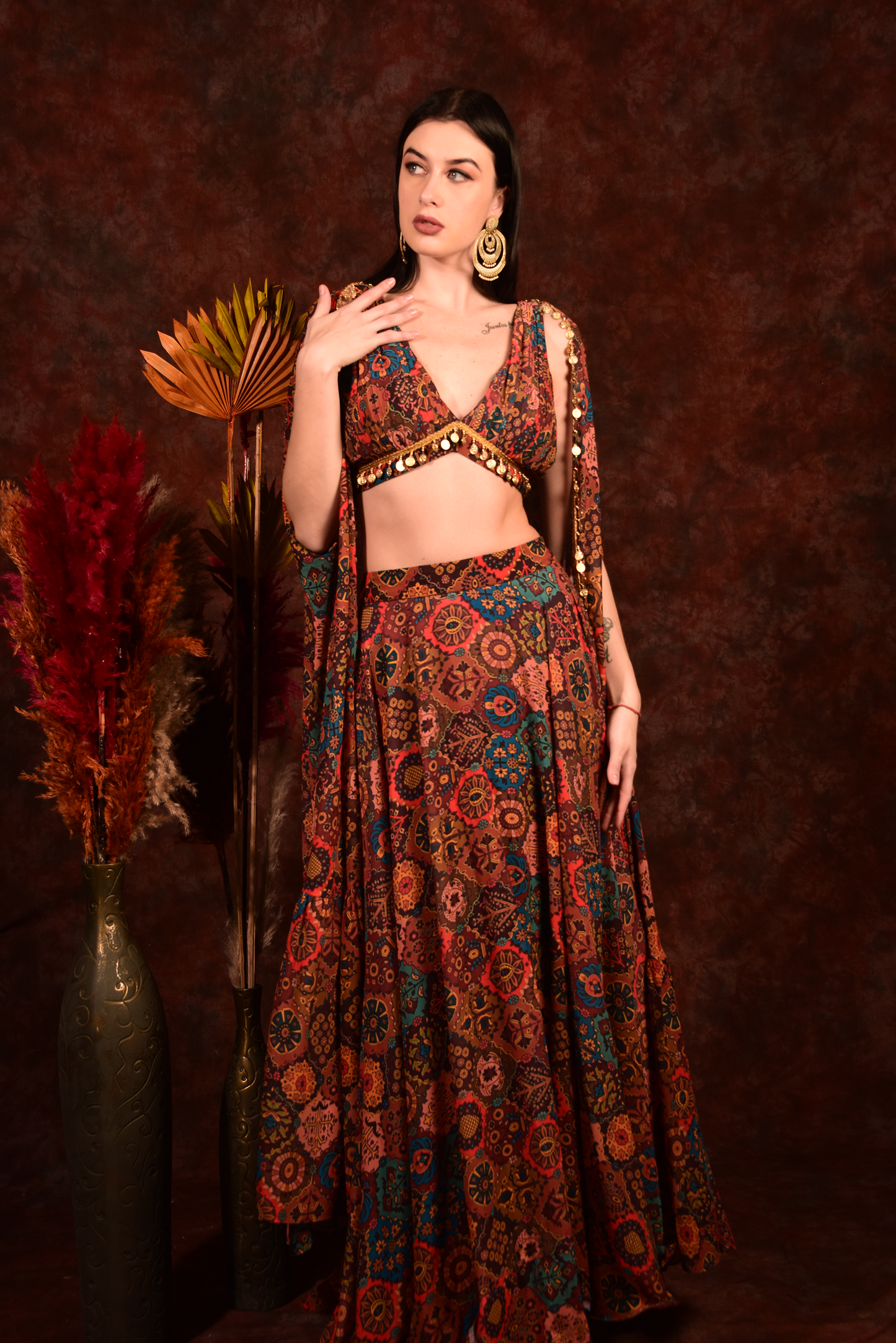 Brick Multicolour Crop Top Skirt With Shrug