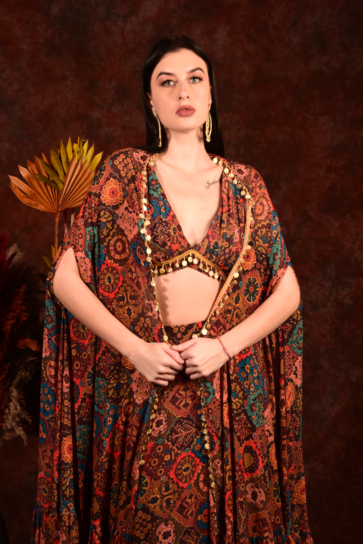 Brick Multicolour Crop Top Skirt With Shrug