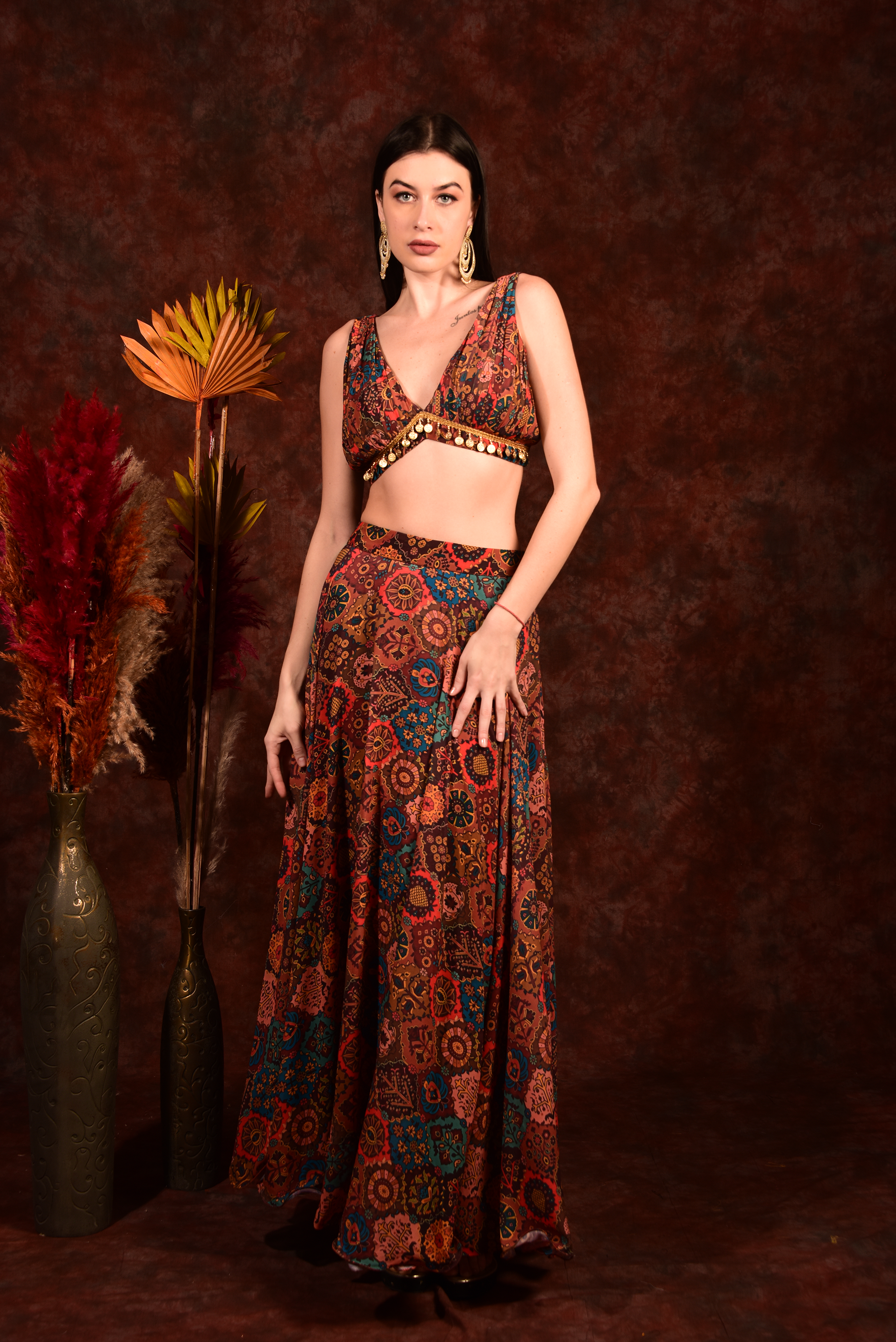 Brick multicolour crop top skirt with shrug