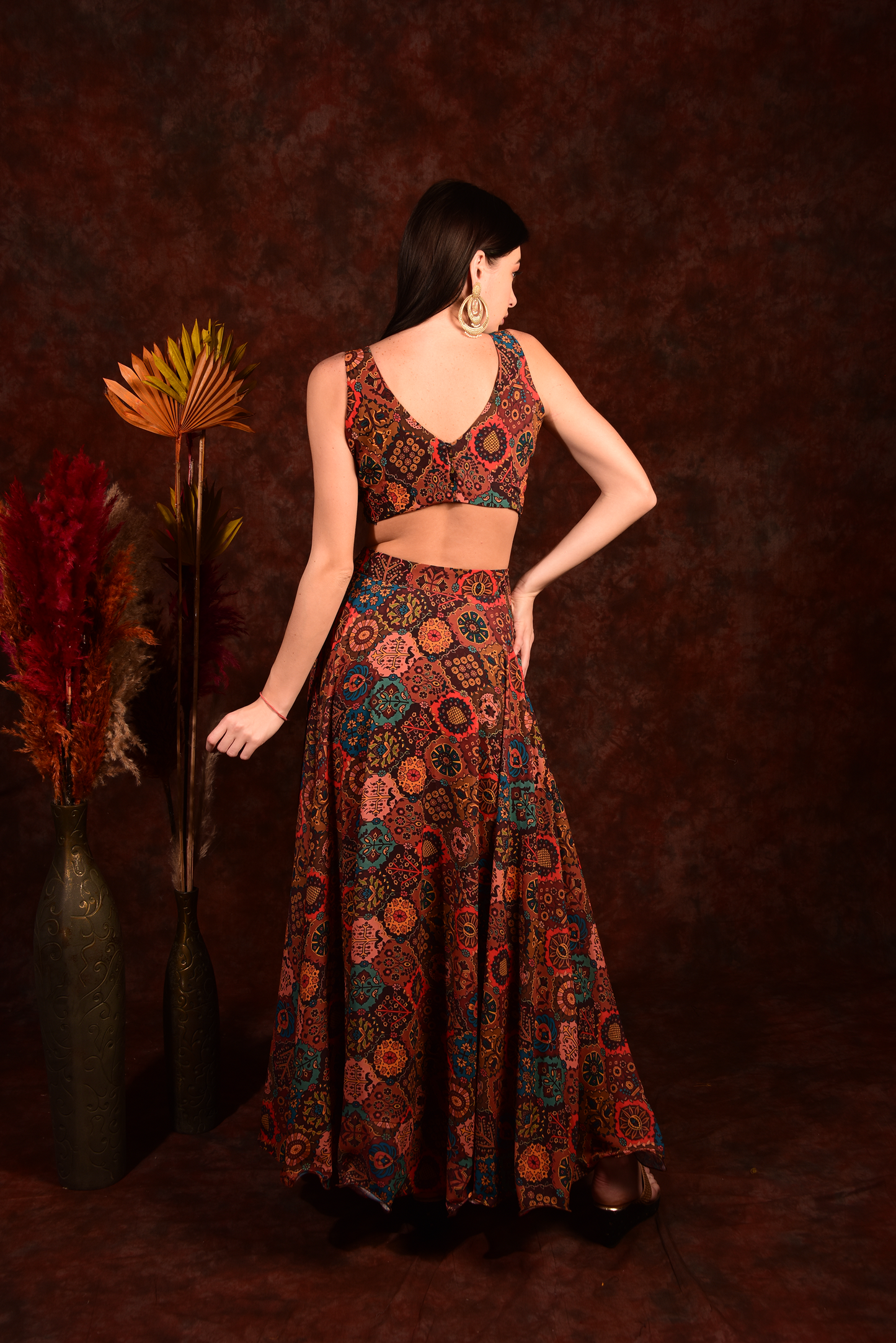 Brick Multicolour Crop Top Skirt With Shrug