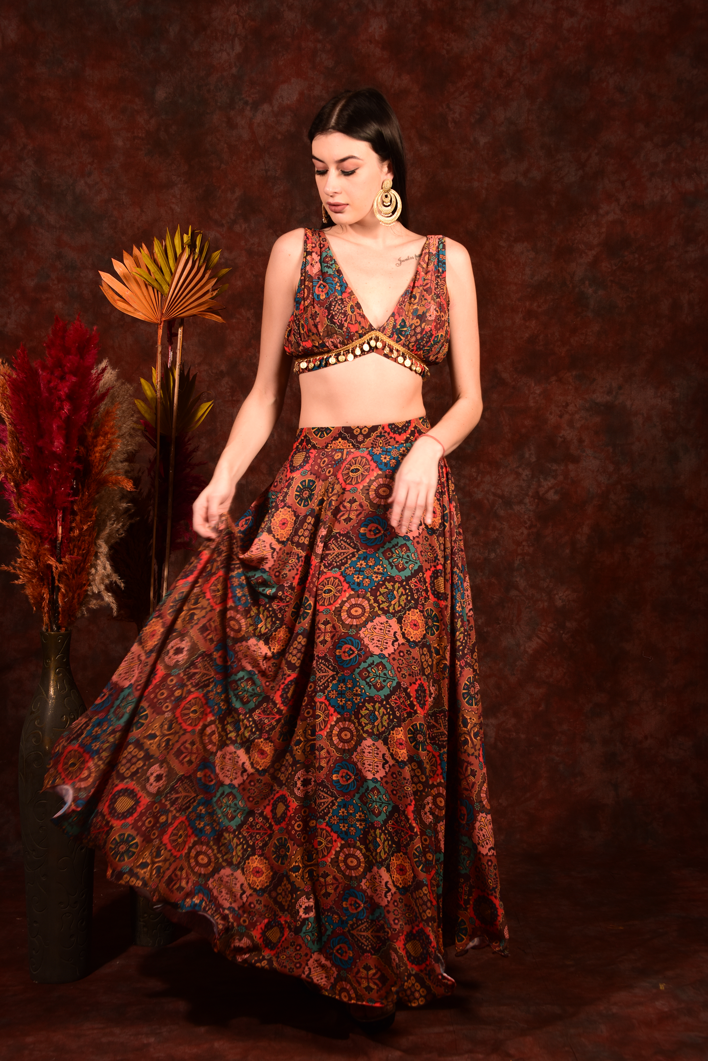 Brick Multicolour Crop Top Skirt With Shrug