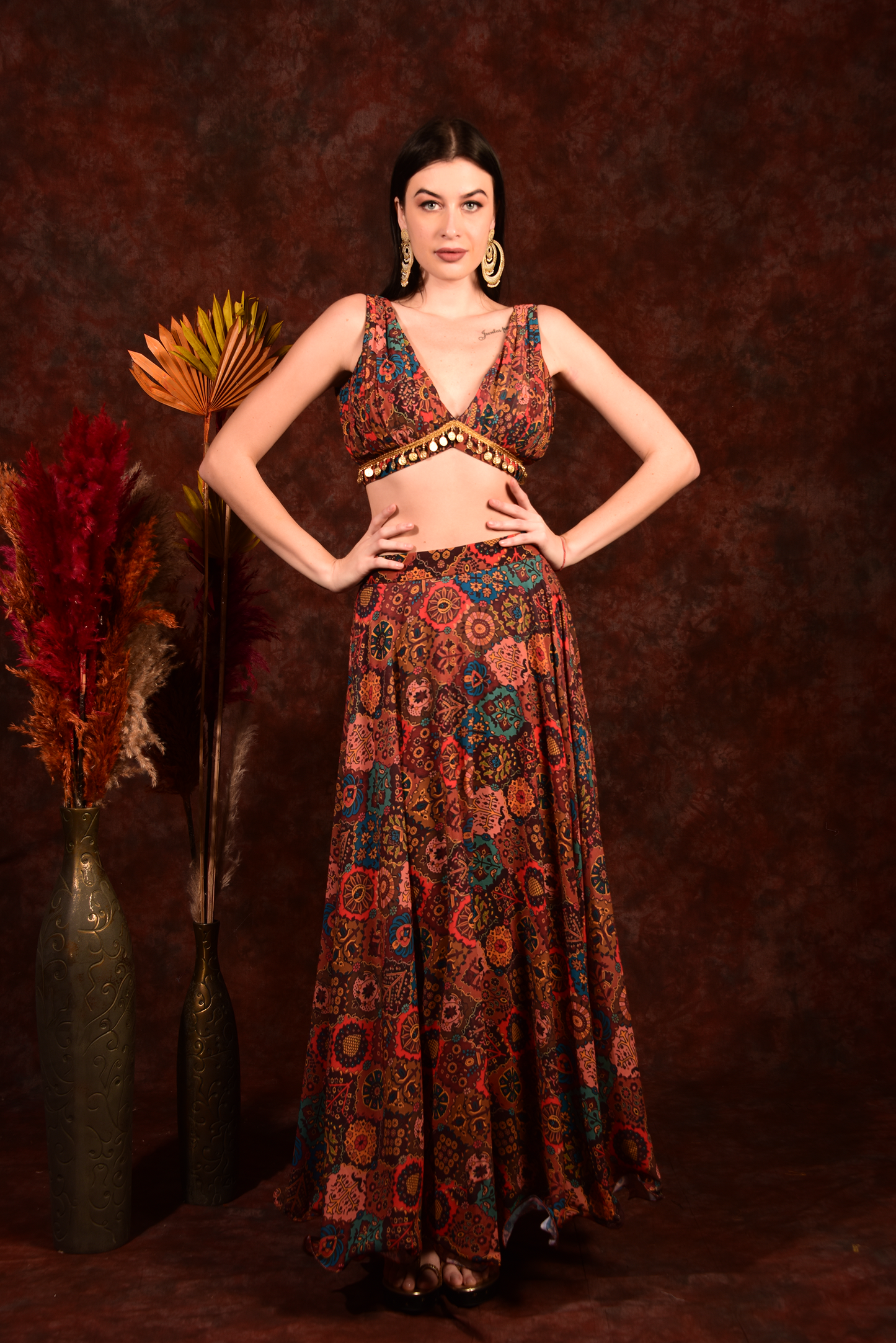 Brick Multicolour Crop Top Skirt With Shrug