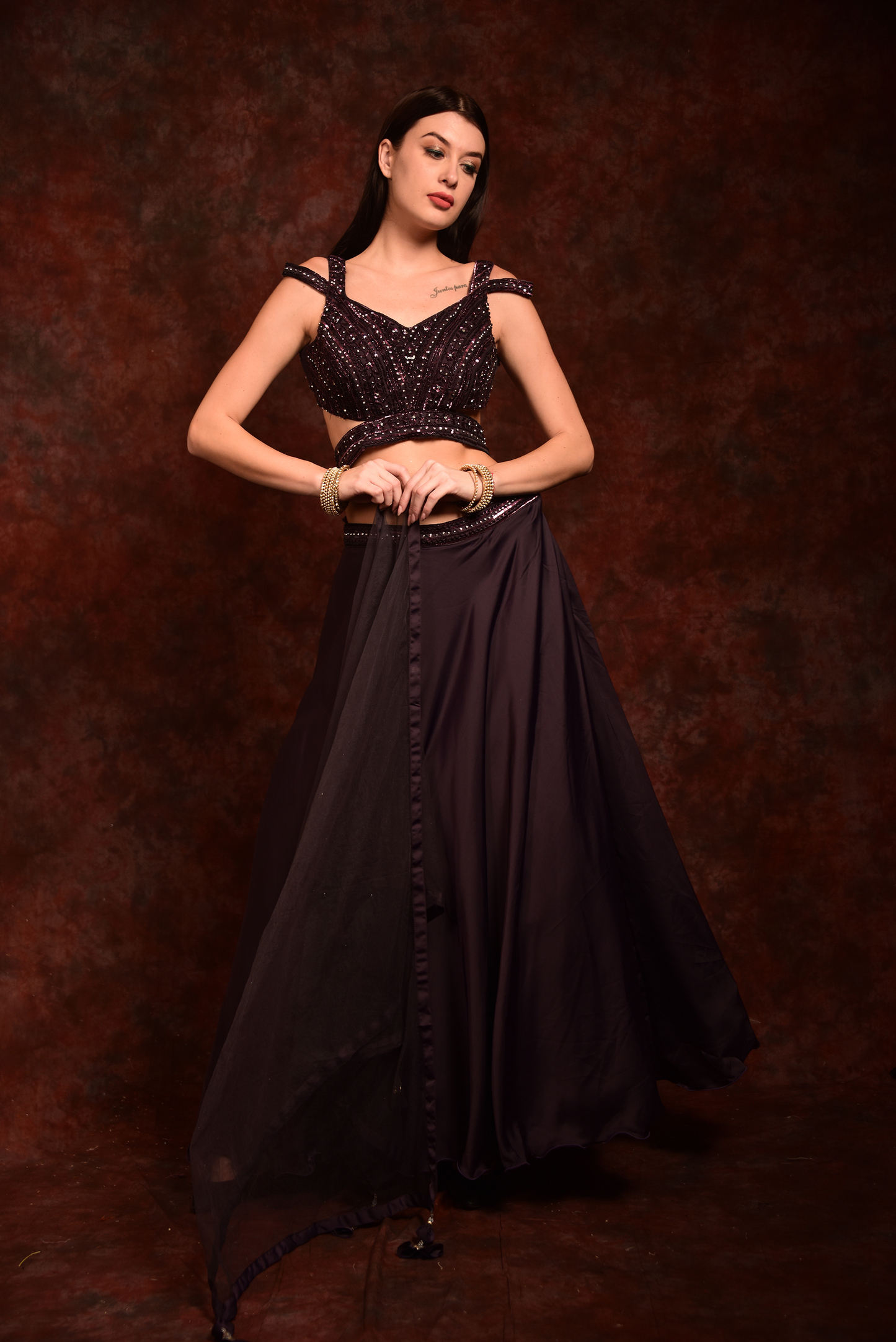 Coffee Brown Embroidered Crop-Top Skirt and Dupatta