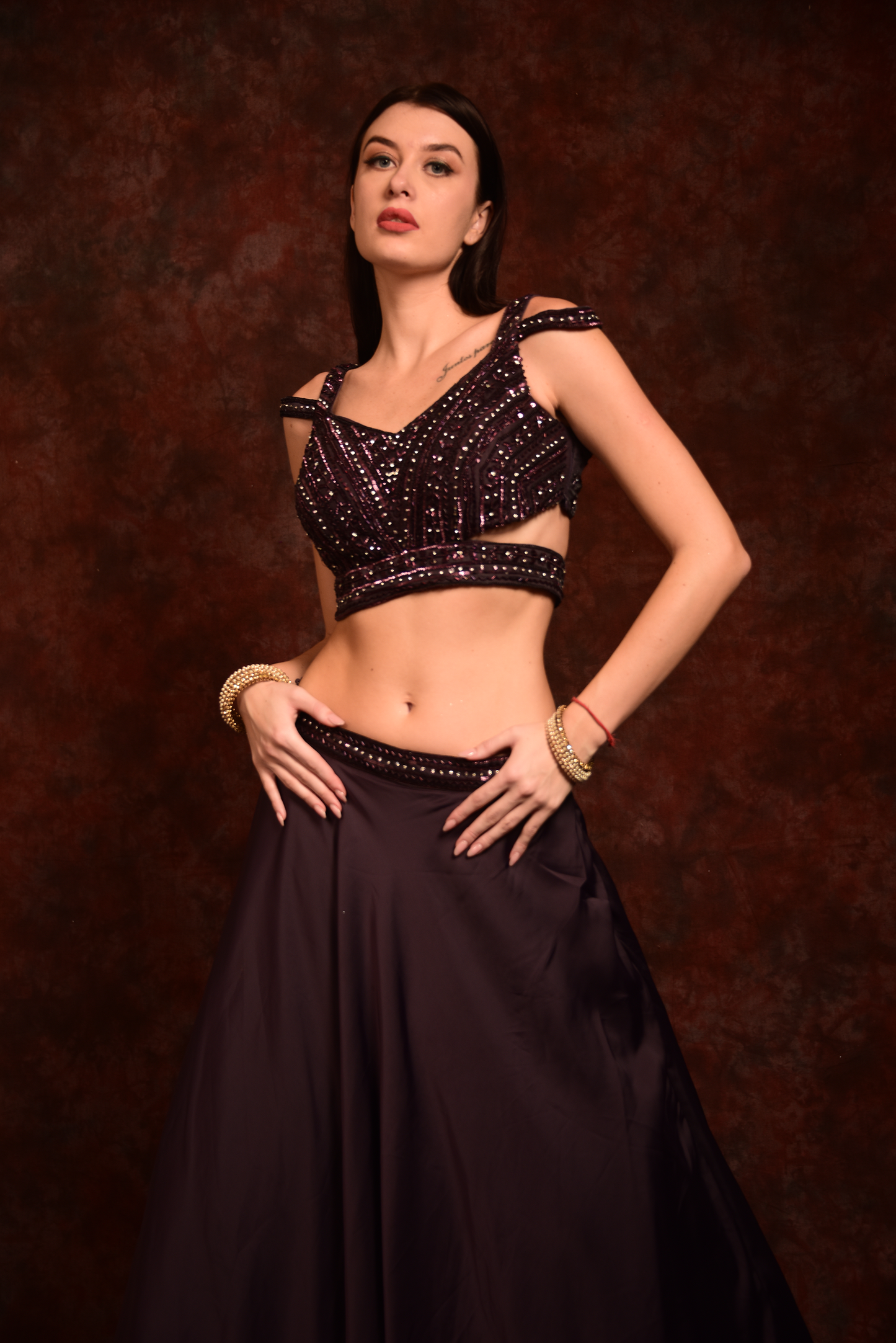 Coffee Brown Embroidered Crop-Top Skirt and Dupatta