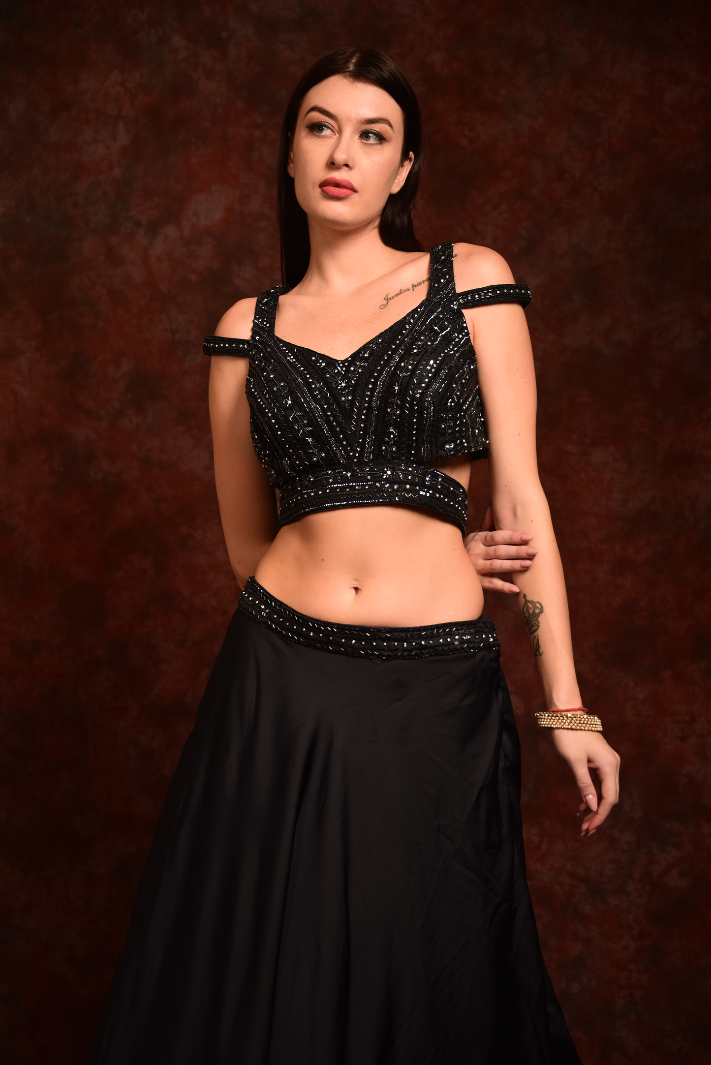 Black embroidered crop top skirt with dupatta
