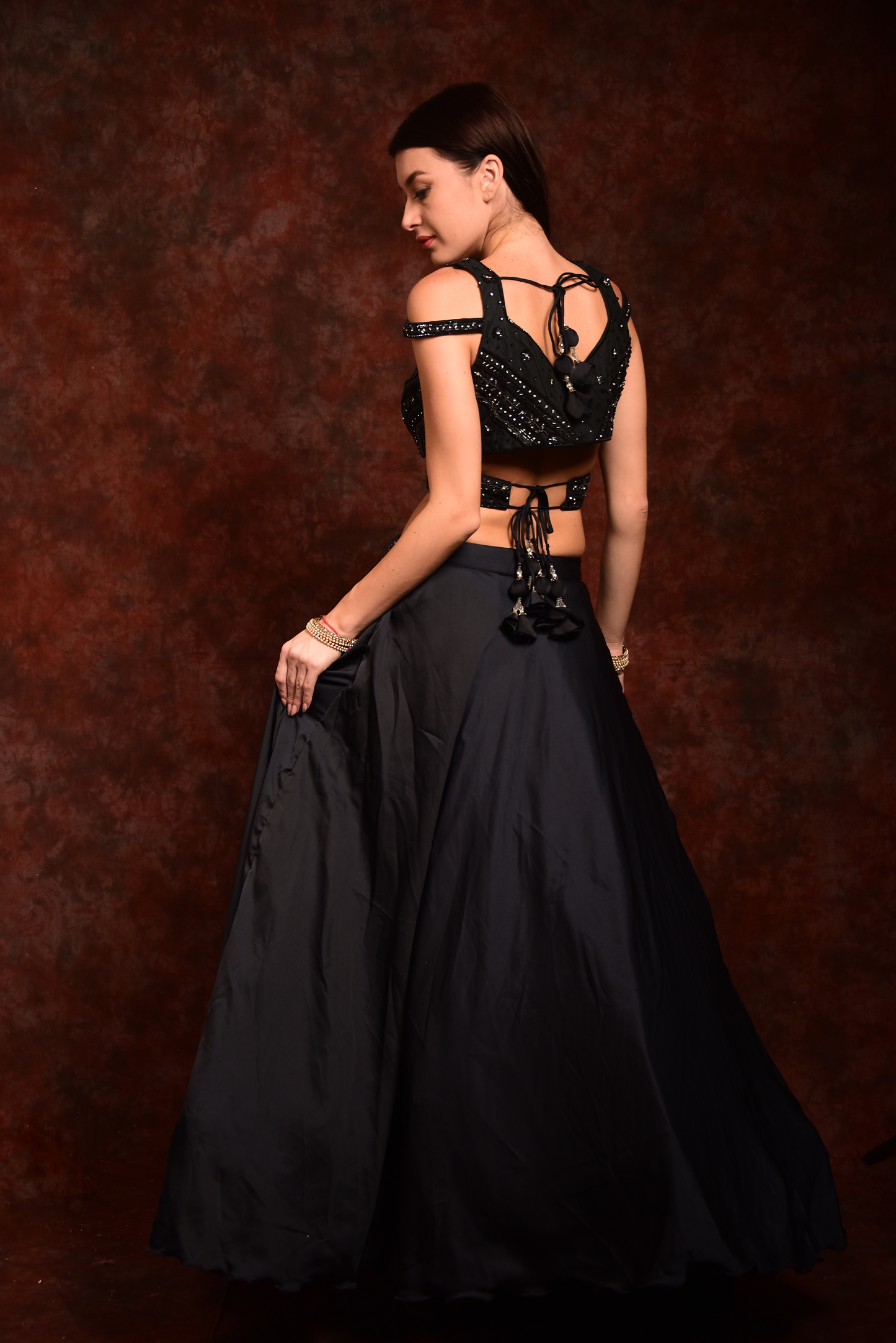 Black embroidered crop top skirt with dupatta