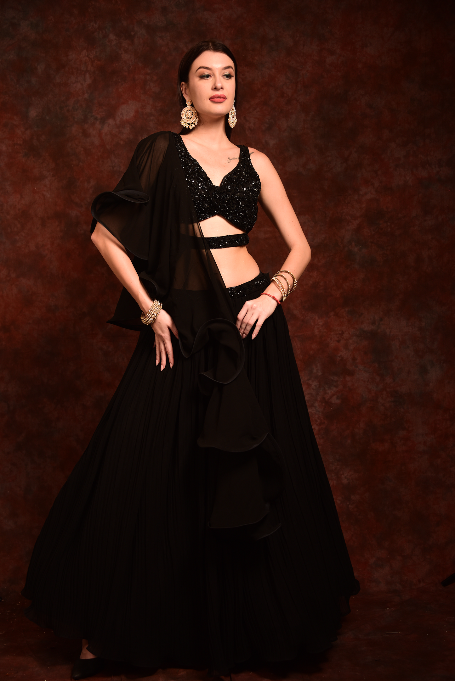 Black Embellished Crop-Top Skirt With Dupatta