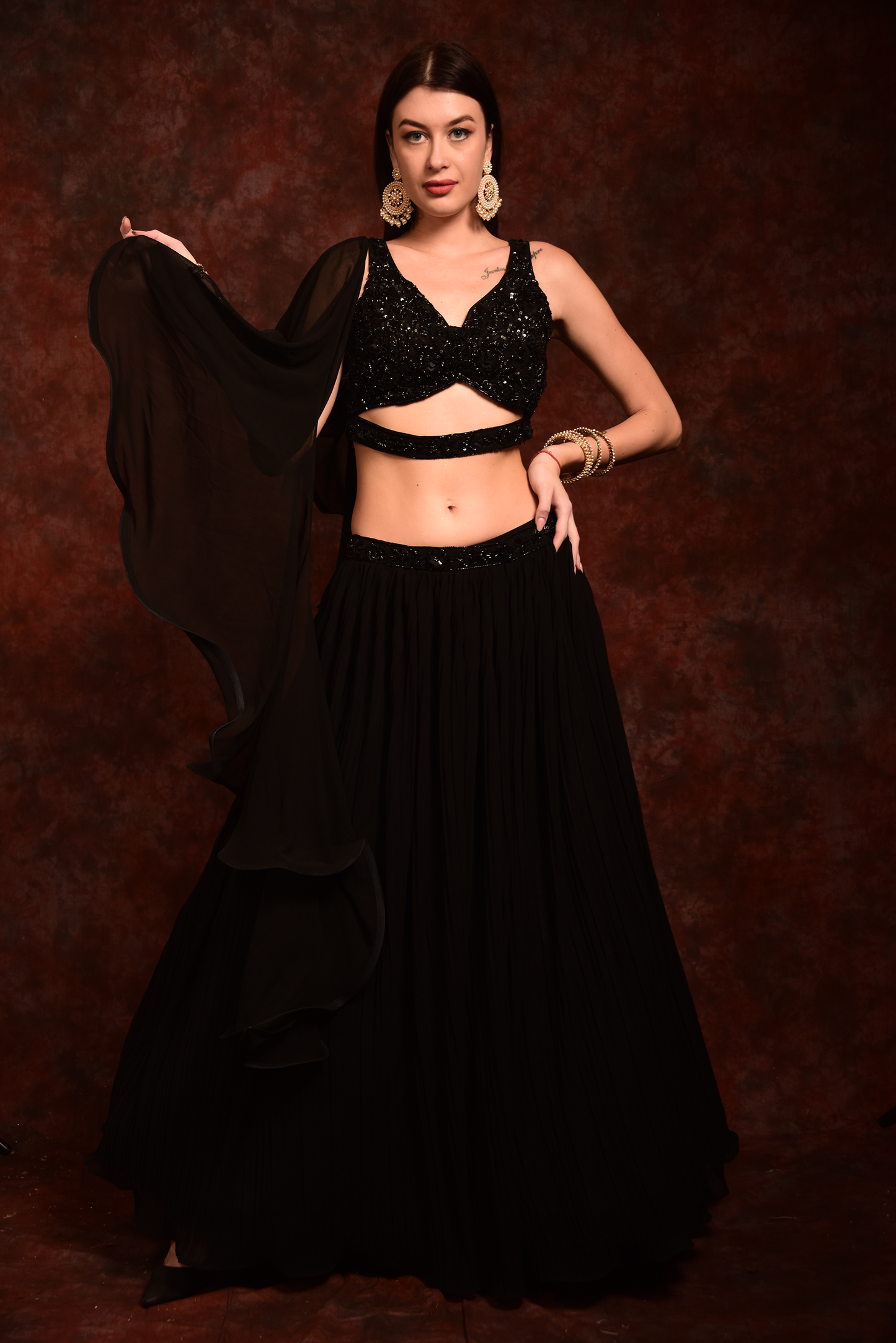 Black Embellished Crop-Top Skirt With Dupatta
