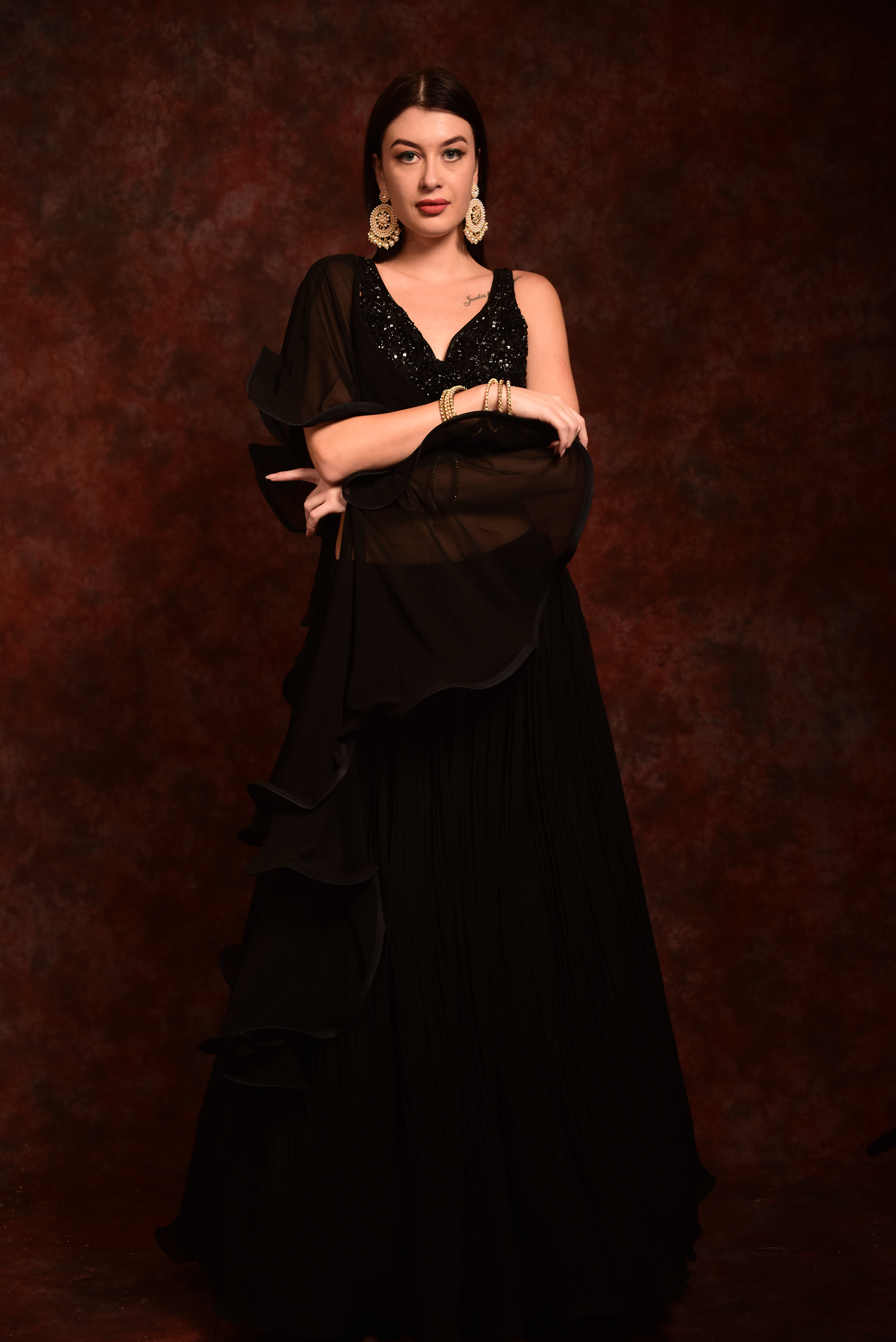 Black Embellished Crop-Top Skirt With Dupatta