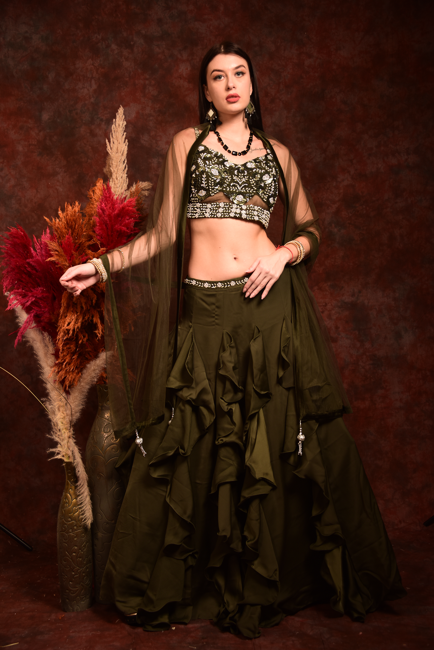 Dark Green Embroidered Crop-Top Skirt and Dupatta