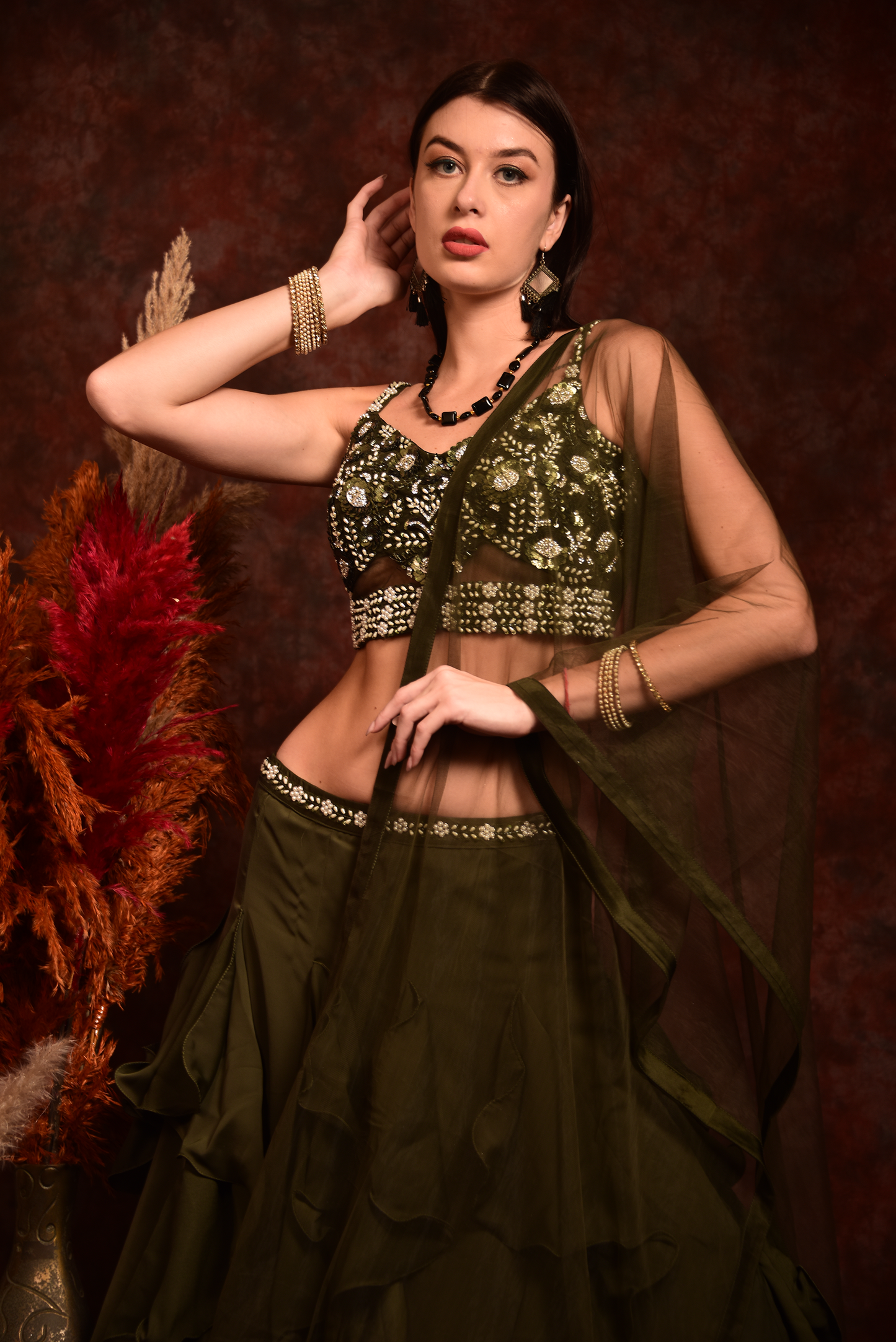 Dark Green Embroidered Crop-Top Skirt and Dupatta