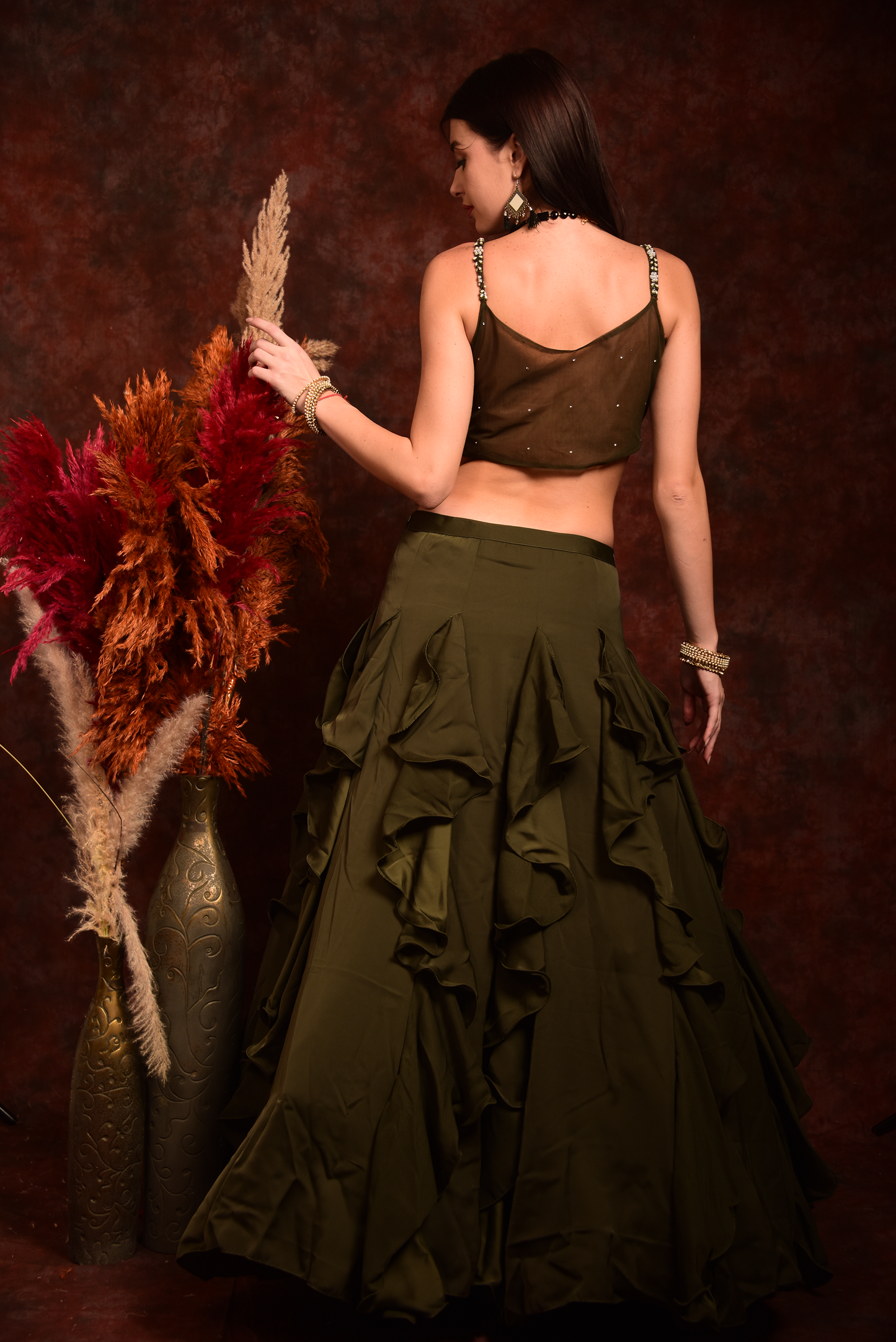 Dark Green Embroidered Crop-Top Skirt and Dupatta