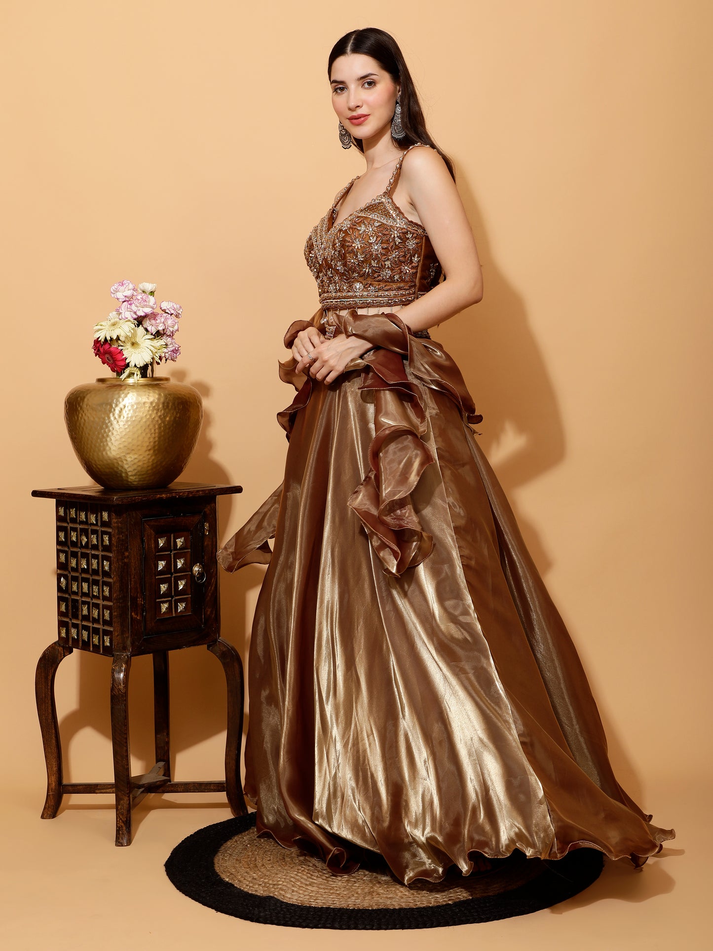 Golden Designer Blouse With Silk Skirt