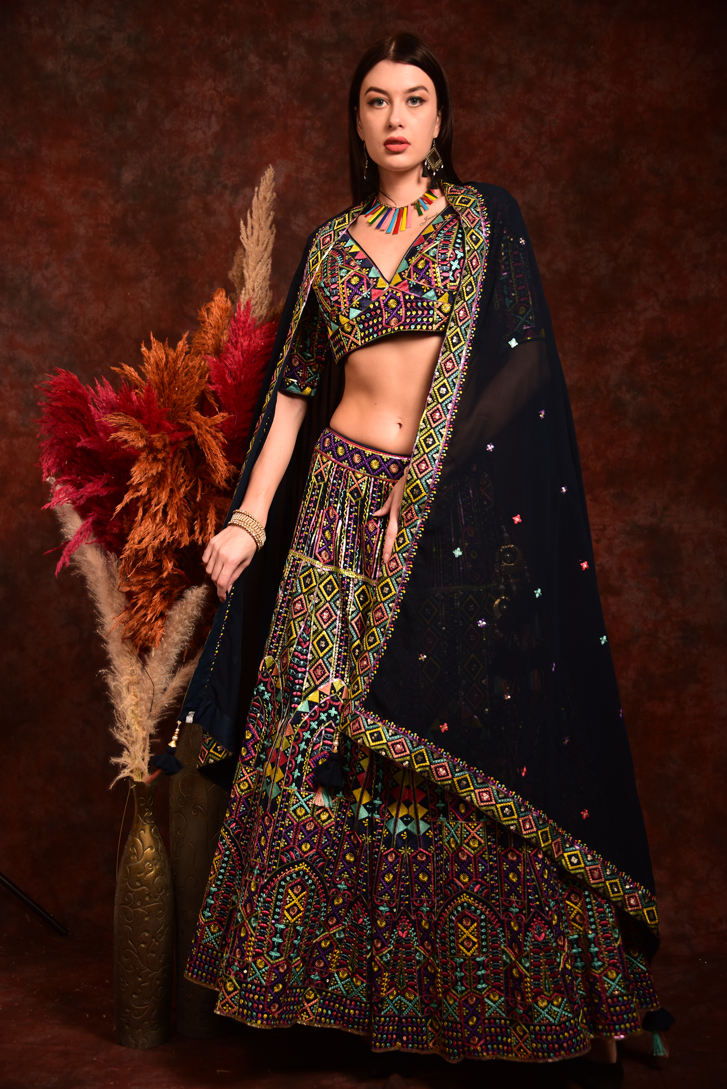 Black Thread Work Lehenga Choli With Dupatta