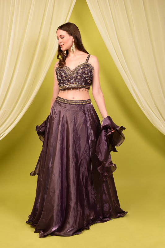 Purple metallic crop top skirt with ruffle dupatta