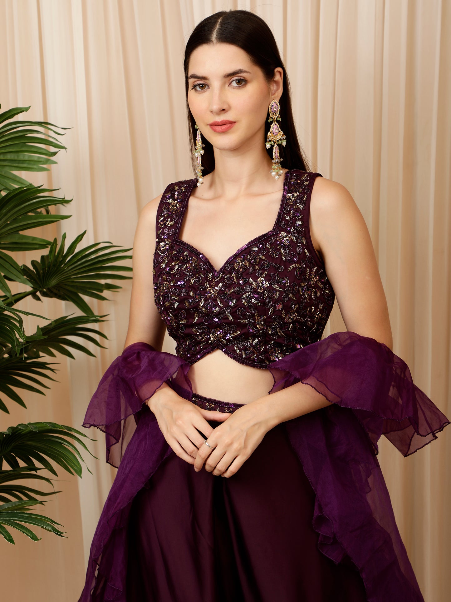 Wine Croptop Skirt With Ruffle Dupatta