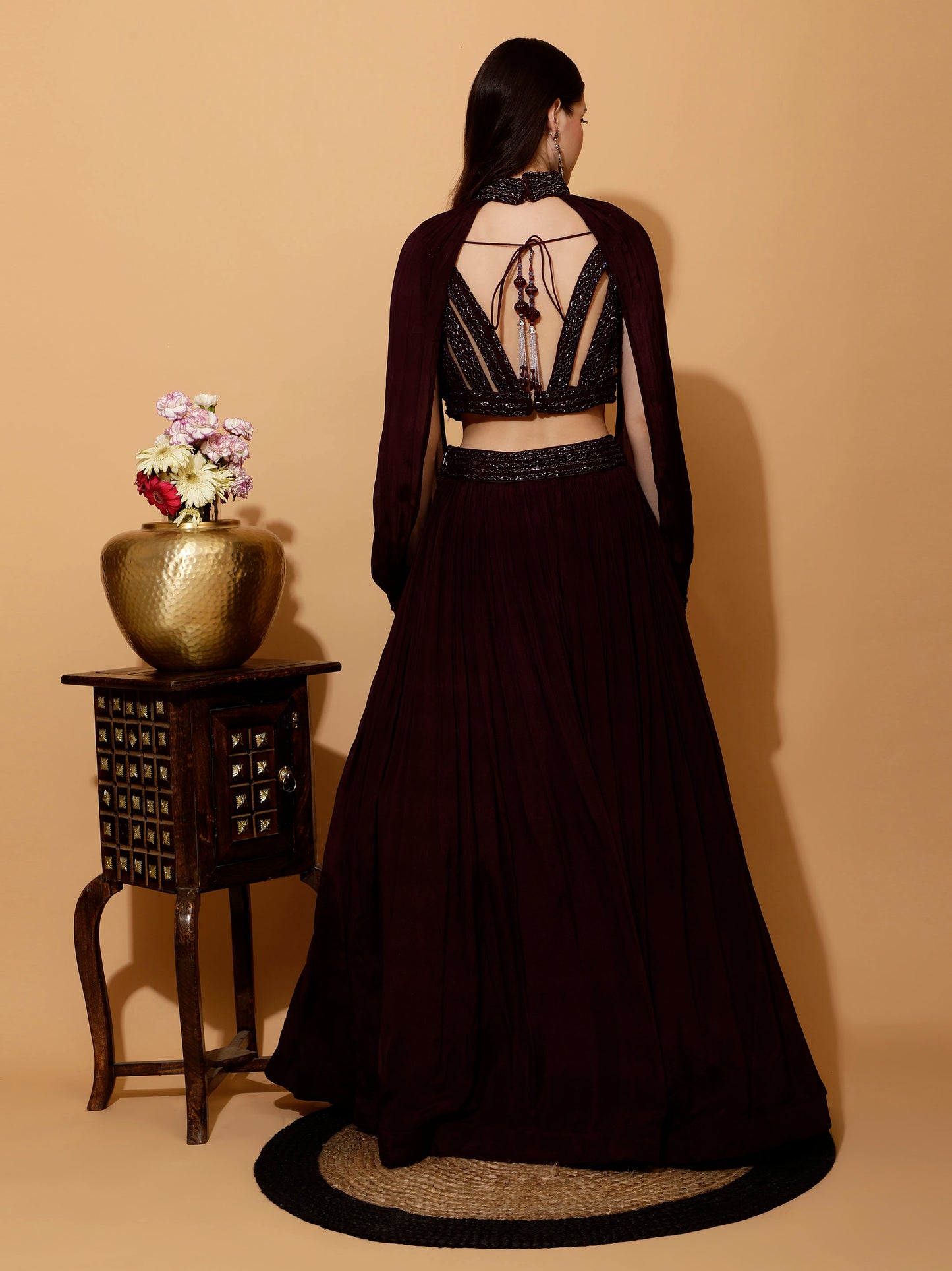 Wine Designer Blouse With Skirt And Choker Sleeves