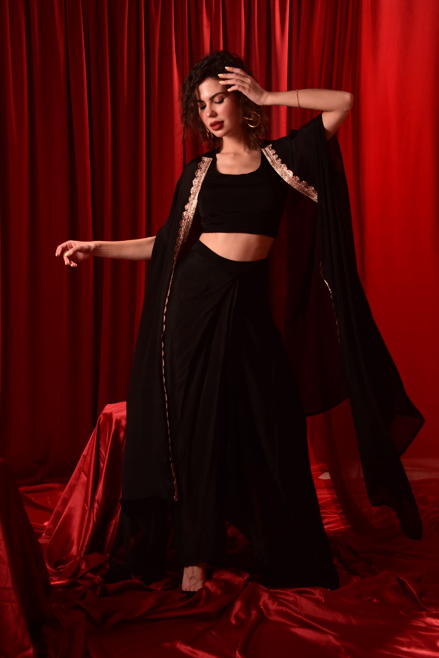 BLACK CROP-TOP DHOTI SKIRT WITH SHURG IW_EP