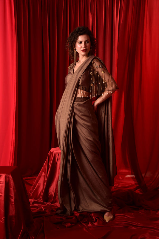DESIGNER PRE-DRAPE SAREE AND BLOUSE WITH HAND EMBROIDED CAPE SR_AA