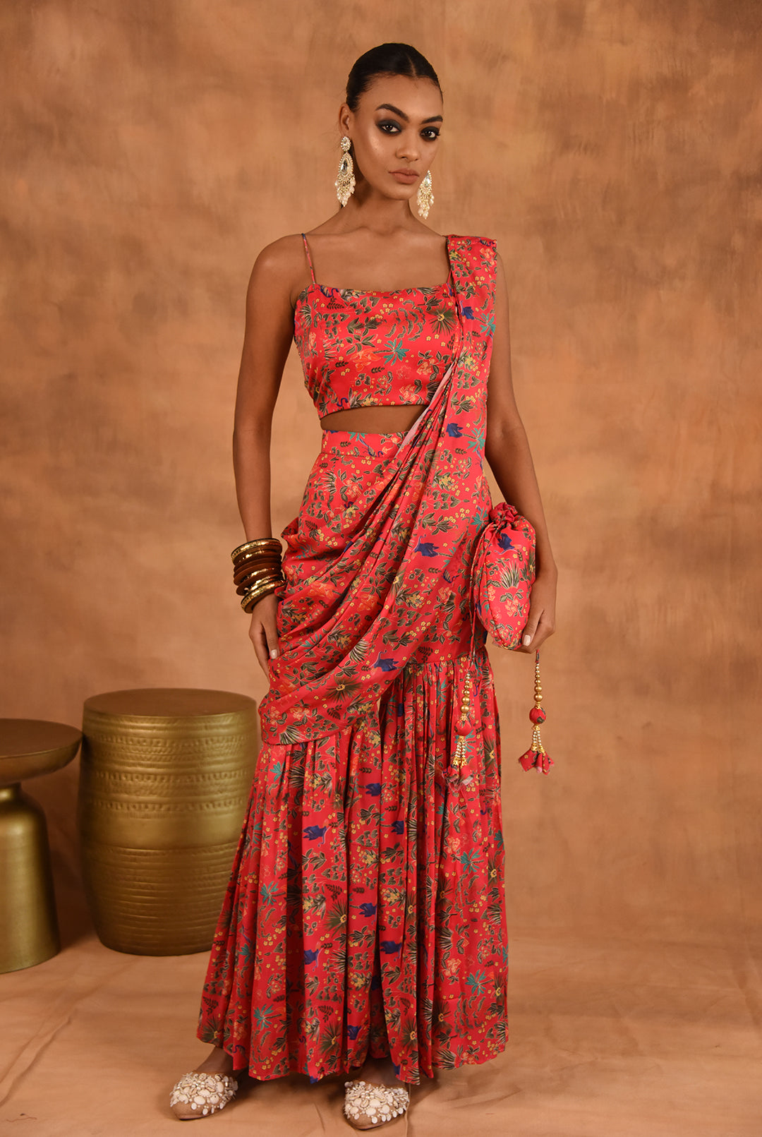 Laalzari floral printed palazzo saree for women — front view