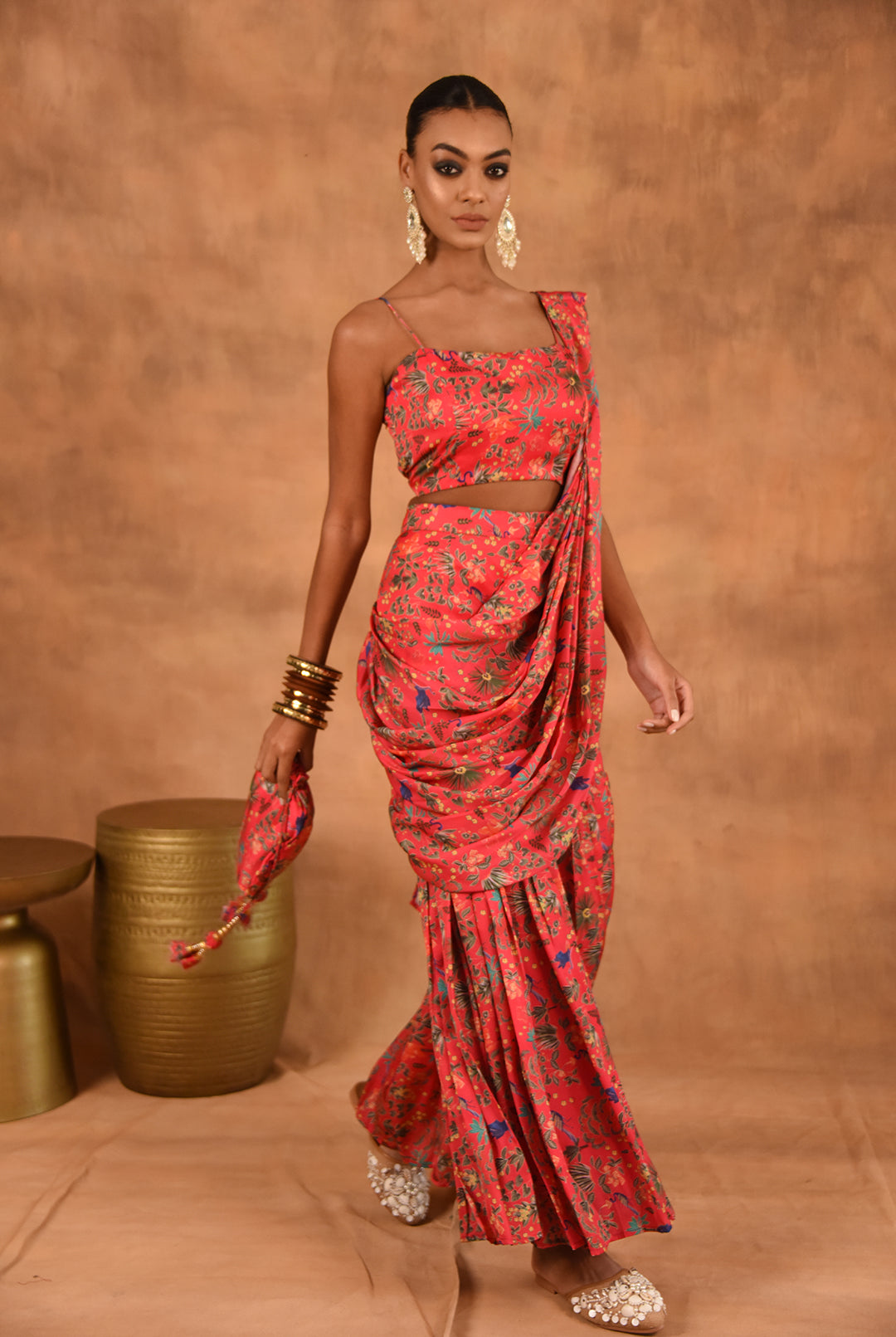 Laalzari floral printed palazzo saree for women — full-length view