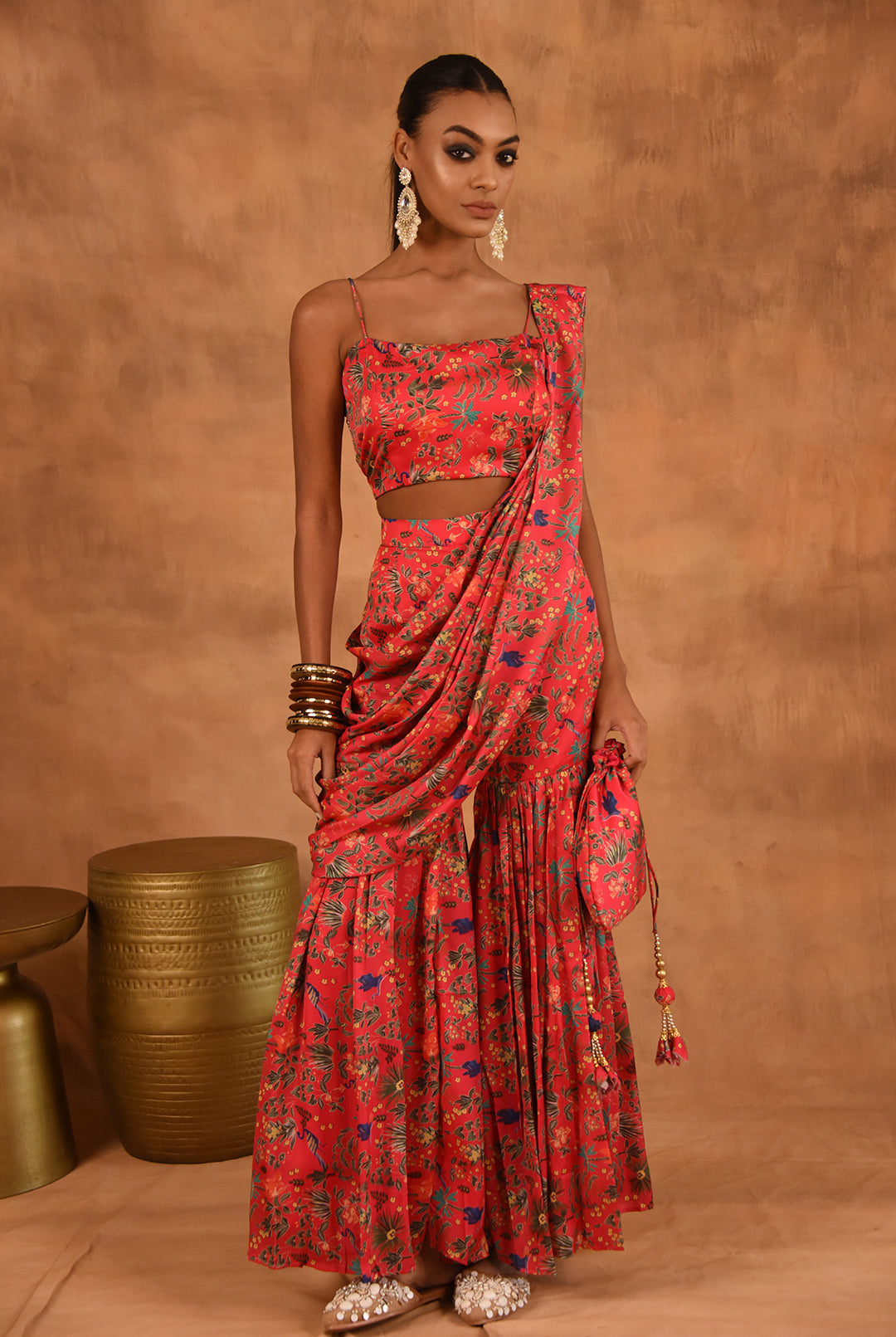 Laalzari floral printed palazzo saree for women — drape detail