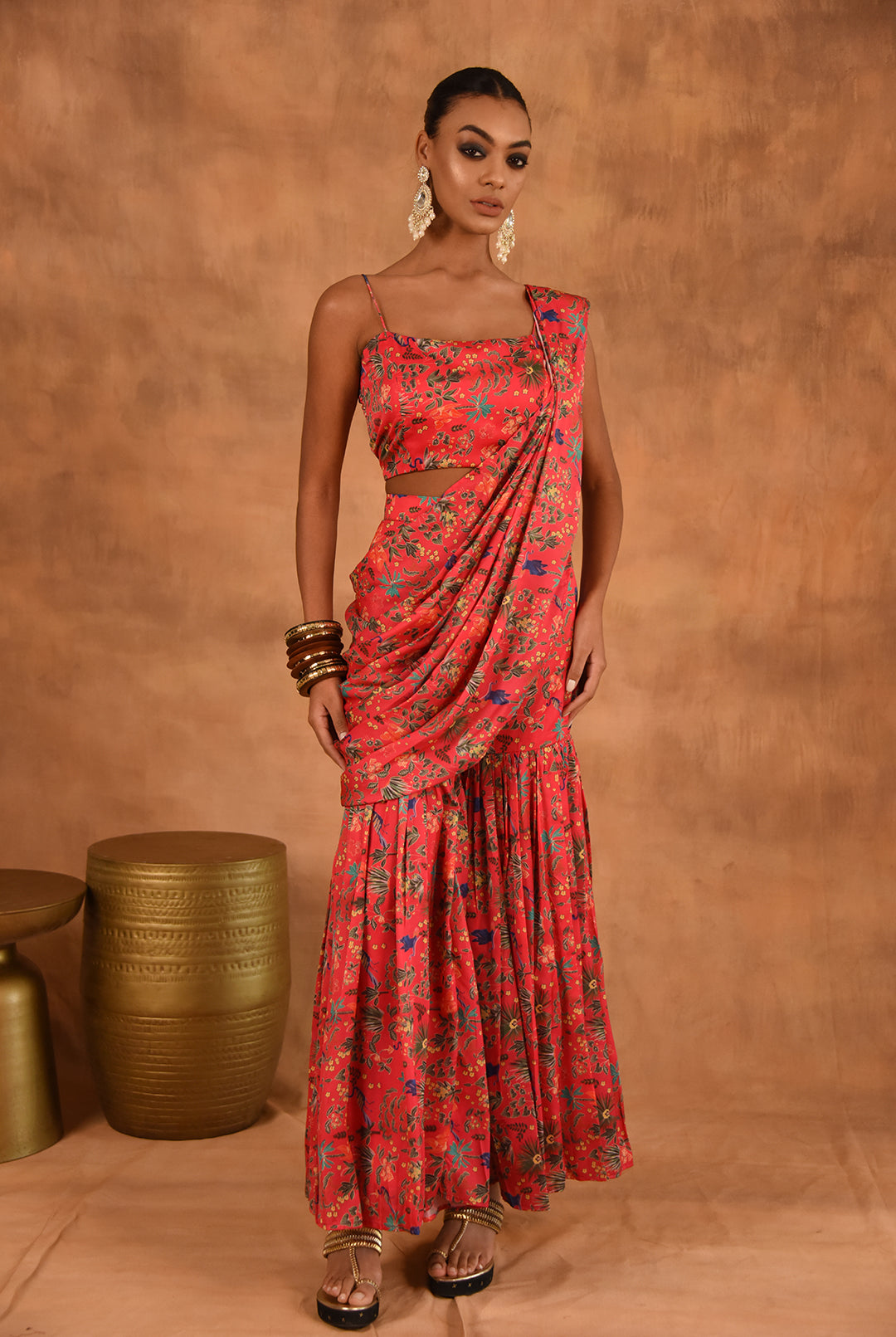 Laalzari floral printed palazzo saree for women — print detail