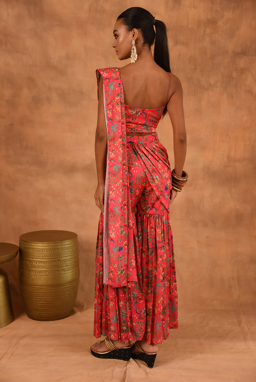 Laalzari floral printed palazzo saree for women — fabric detail