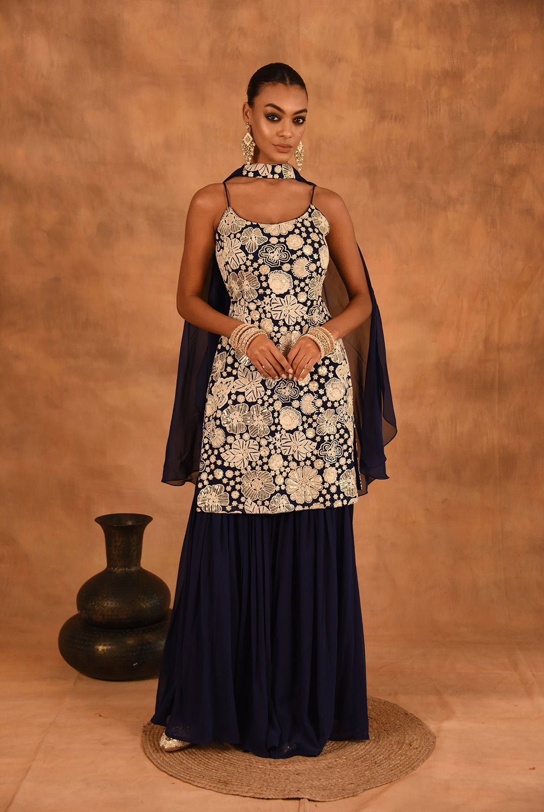 Laalzari floral blue and white sharara set for women — front view
