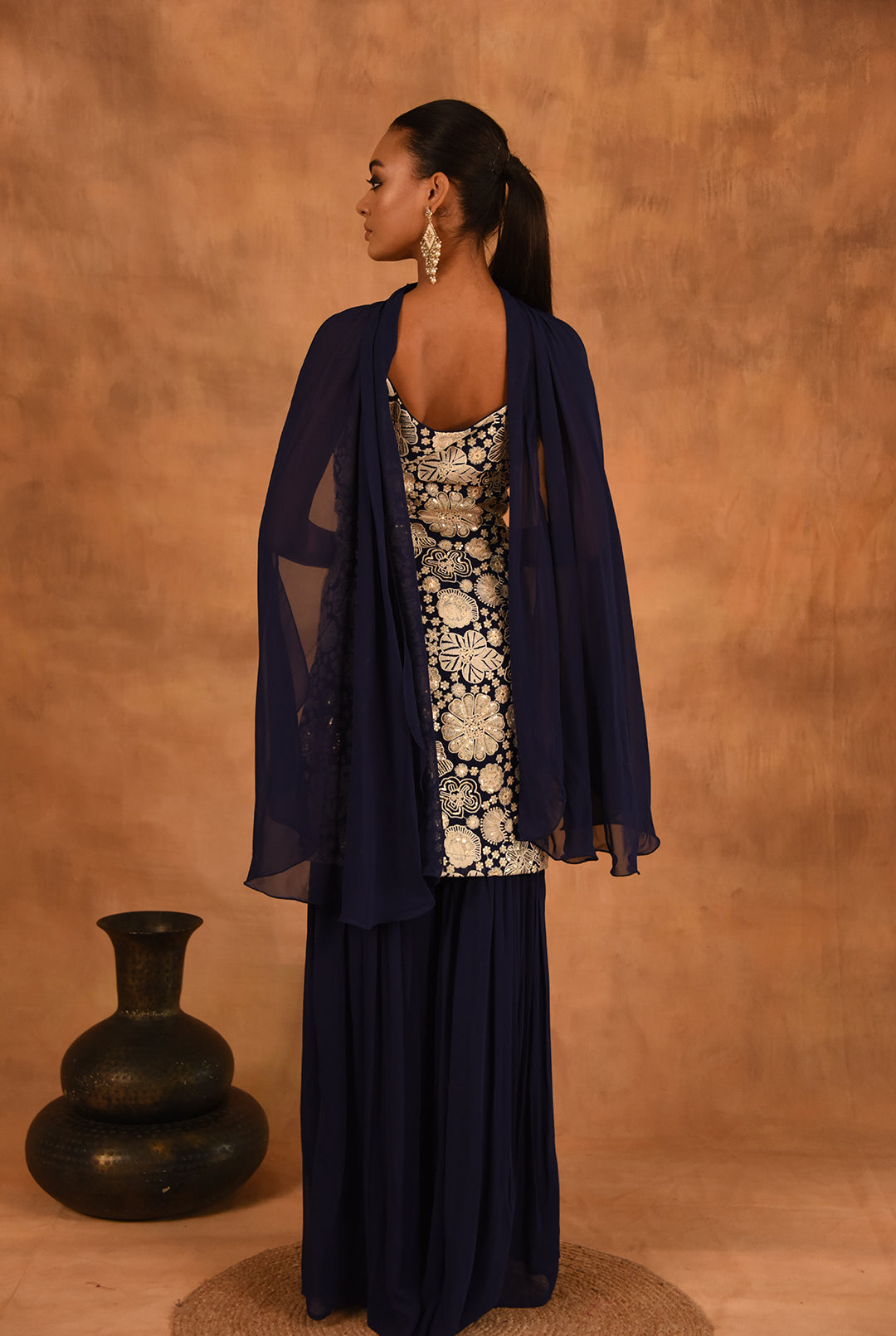 Laalzari floral blue and white sharara set for women — full-length view