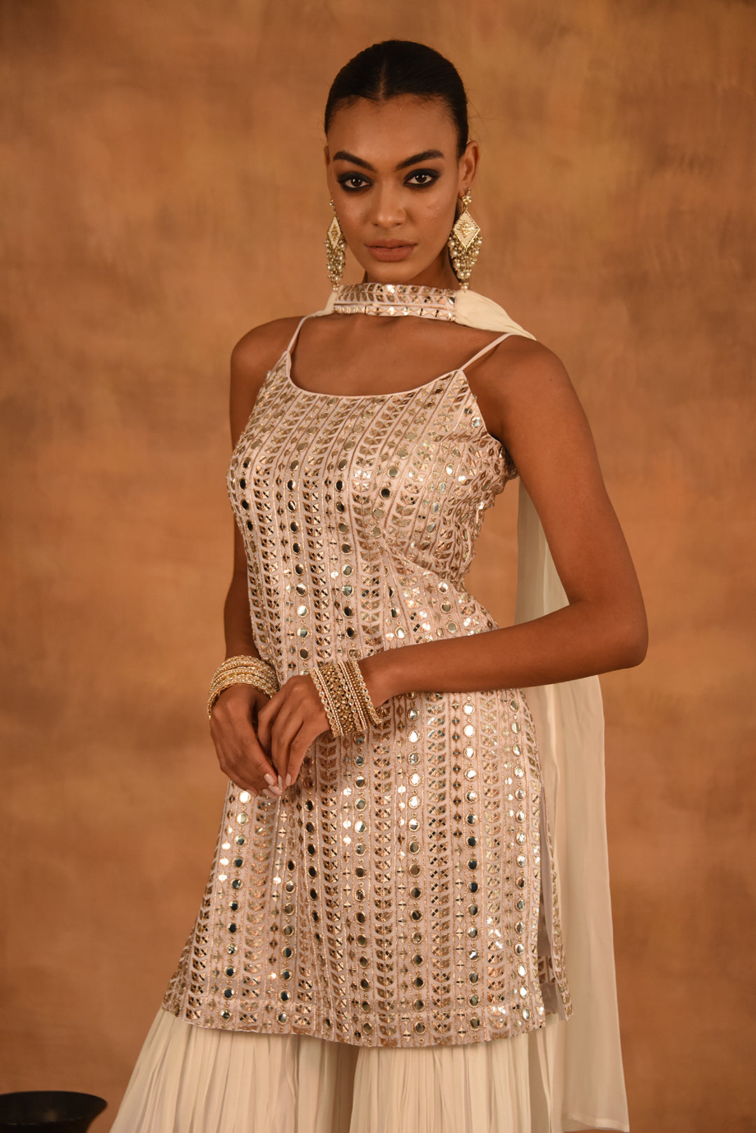 WHITE FOIL MIRROR WORK SHARARA SET