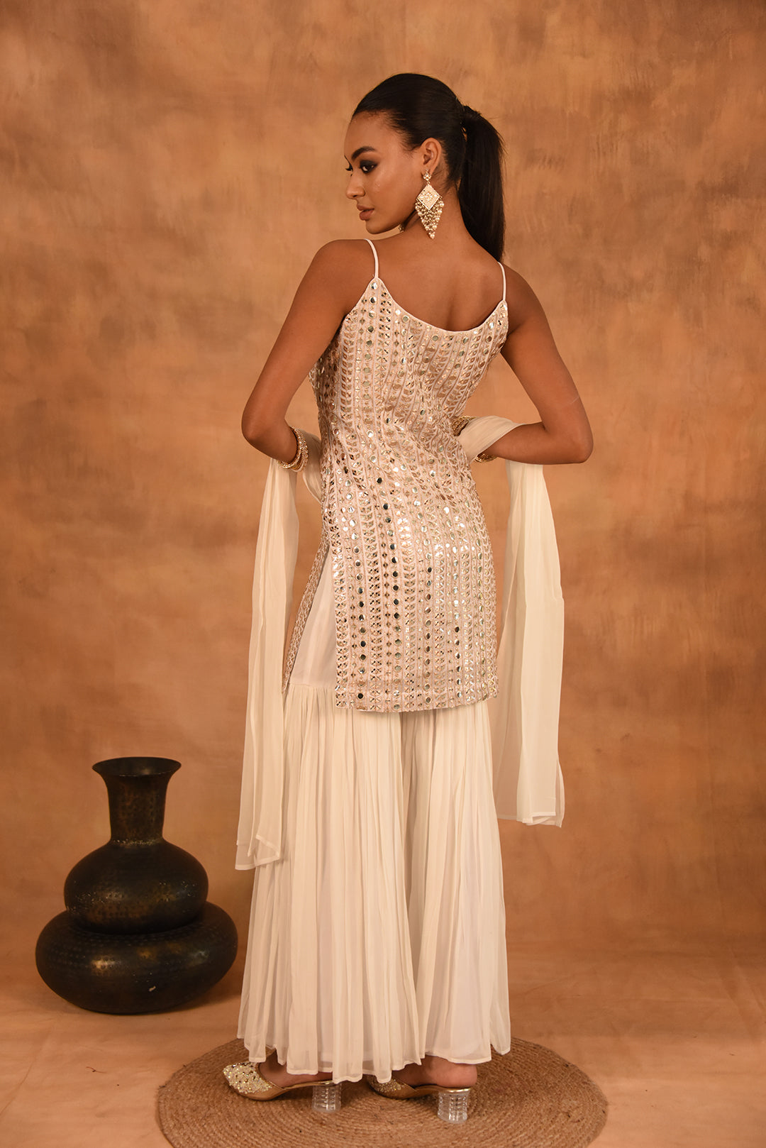 WHITE FOIL MIRROR WORK SHARARA SET