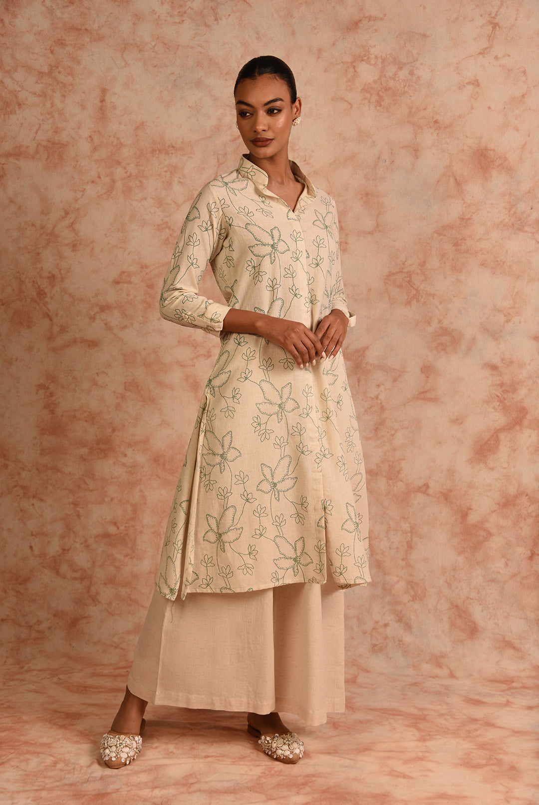 Laalzari printed off-white linen kurta for women — front view