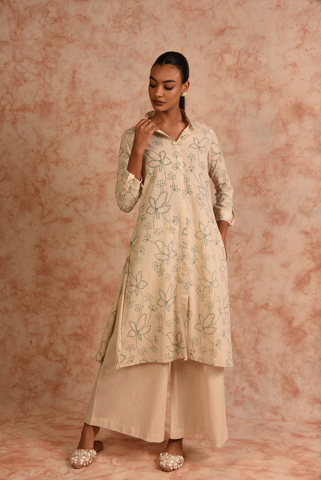Laalzari printed off-white linen kurta for women — styled look