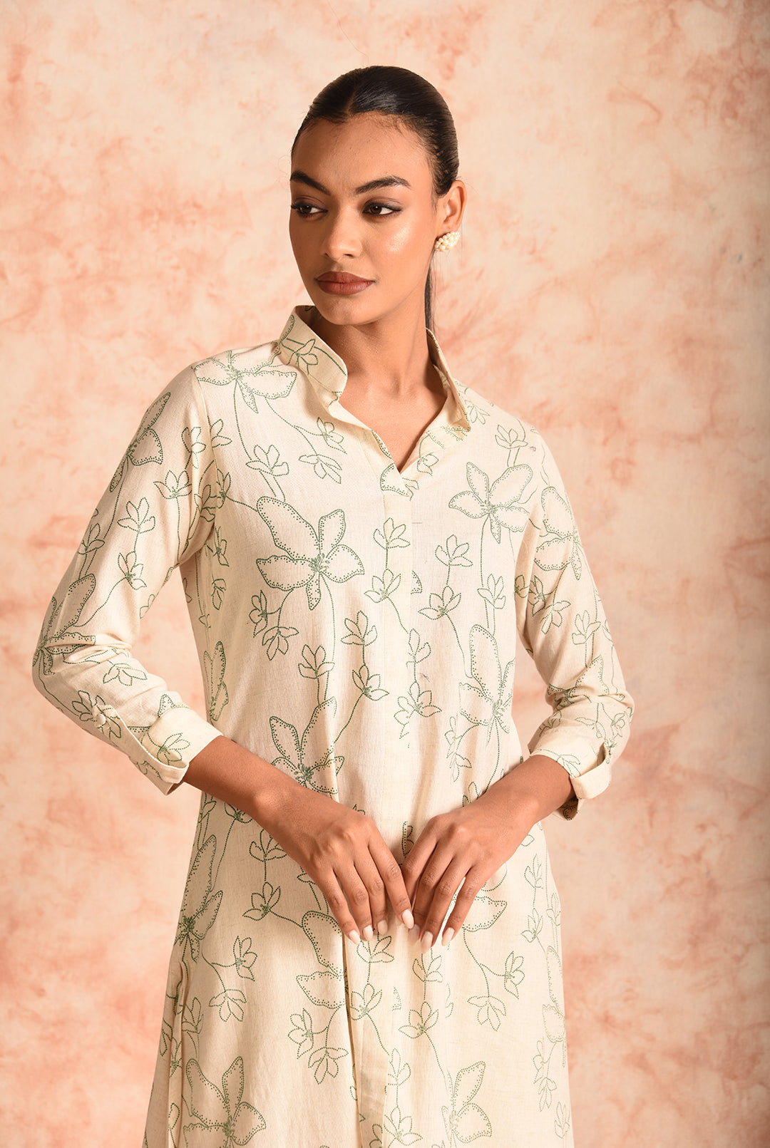 Laalzari printed off-white linen kurta for women — full-length view