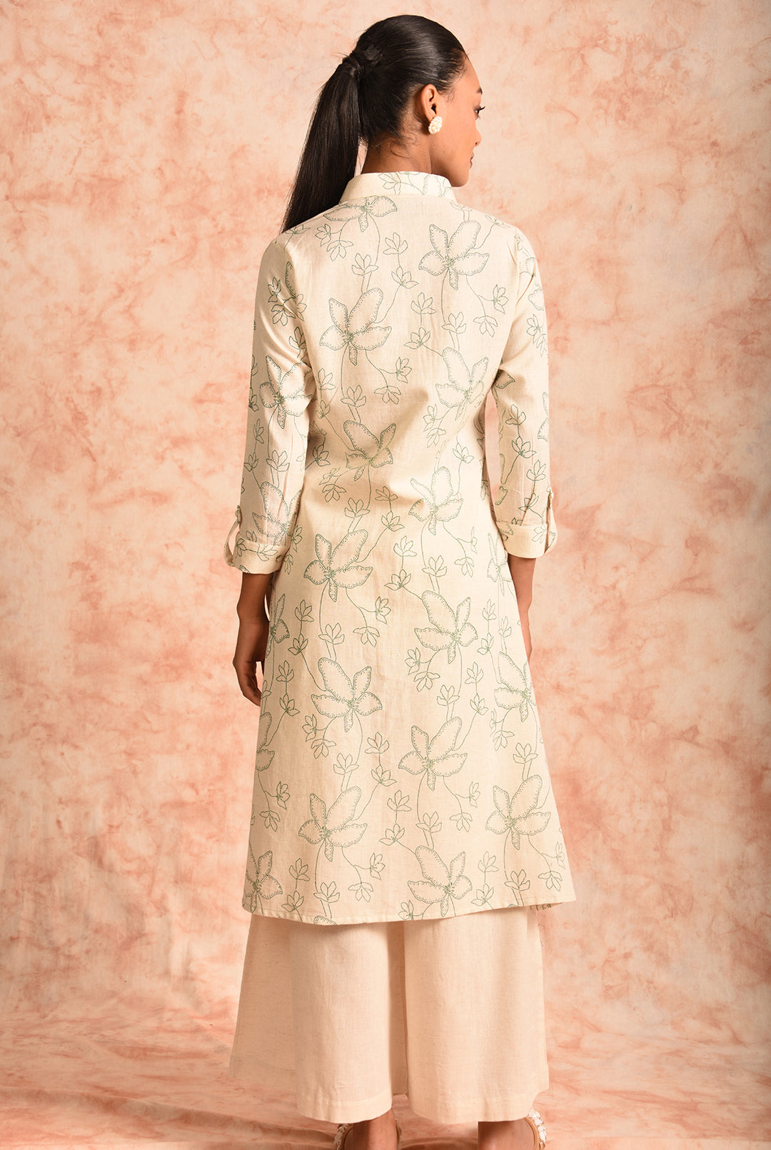 Laalzari printed off-white linen kurta for women — back view
