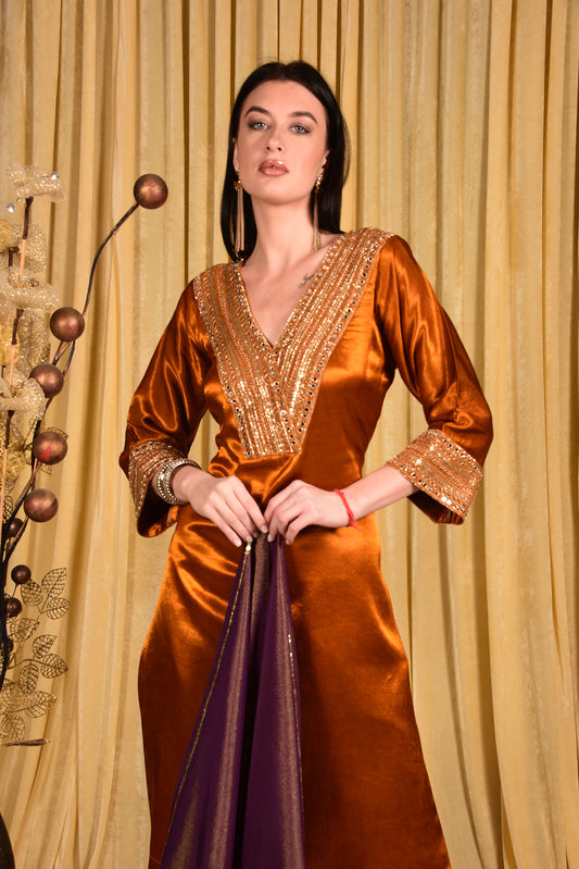 PURE GAJJI SILK MUSTARD SUIT WITH HAND EMBROIDERY