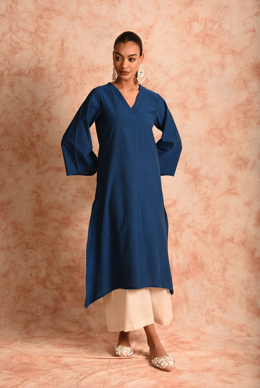 Laalzari blue V-neck linen co-ord set with contrasting palazzo for women — full-length view