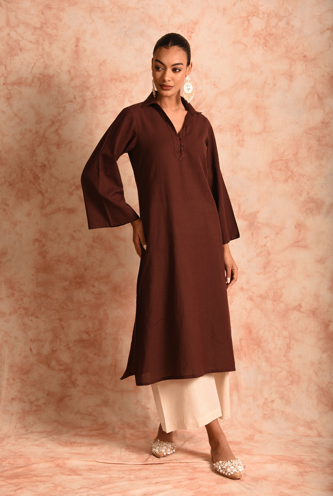 Laalzari brown linen collar-neck kurta and palazzo co-ord set for women — front view