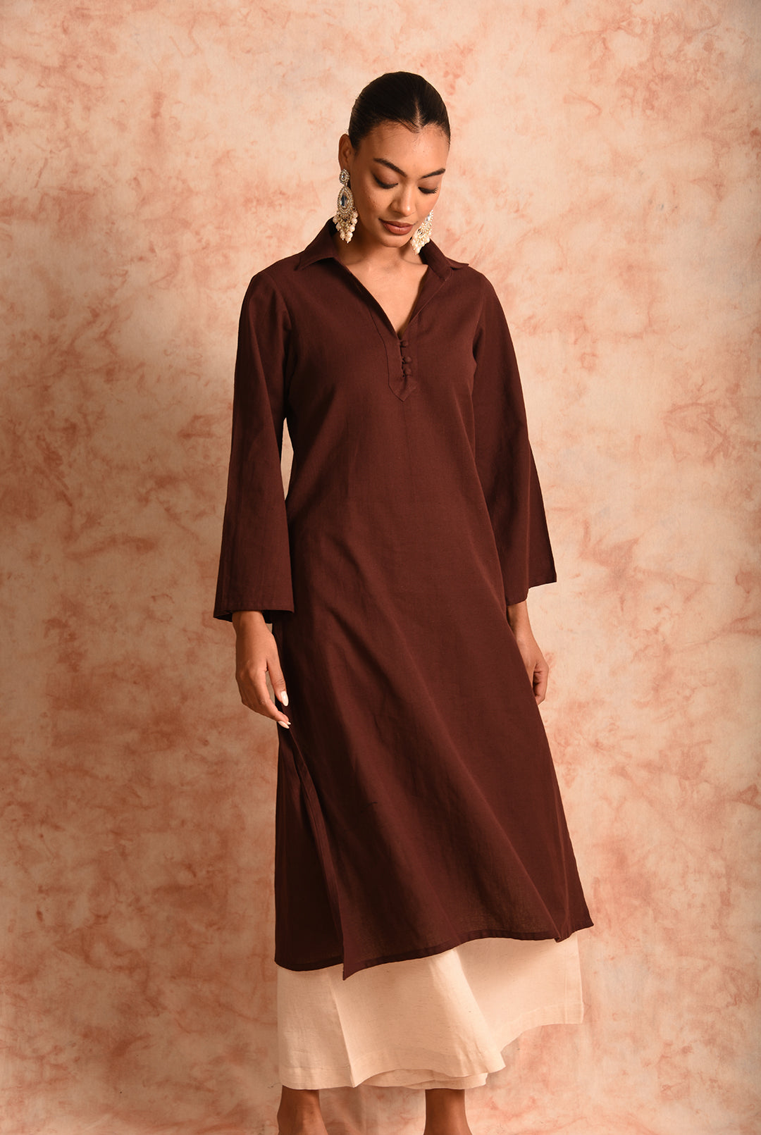 Laalzari brown linen collar-neck kurta and palazzo co-ord set for women — styled look