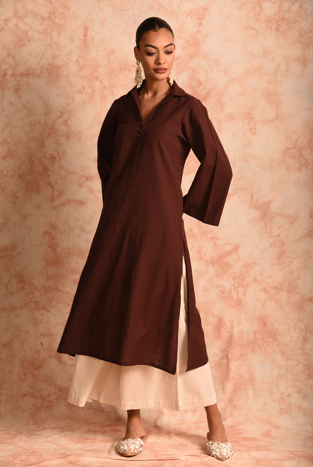 Laalzari brown linen collar-neck kurta and palazzo co-ord set for women — full-length view