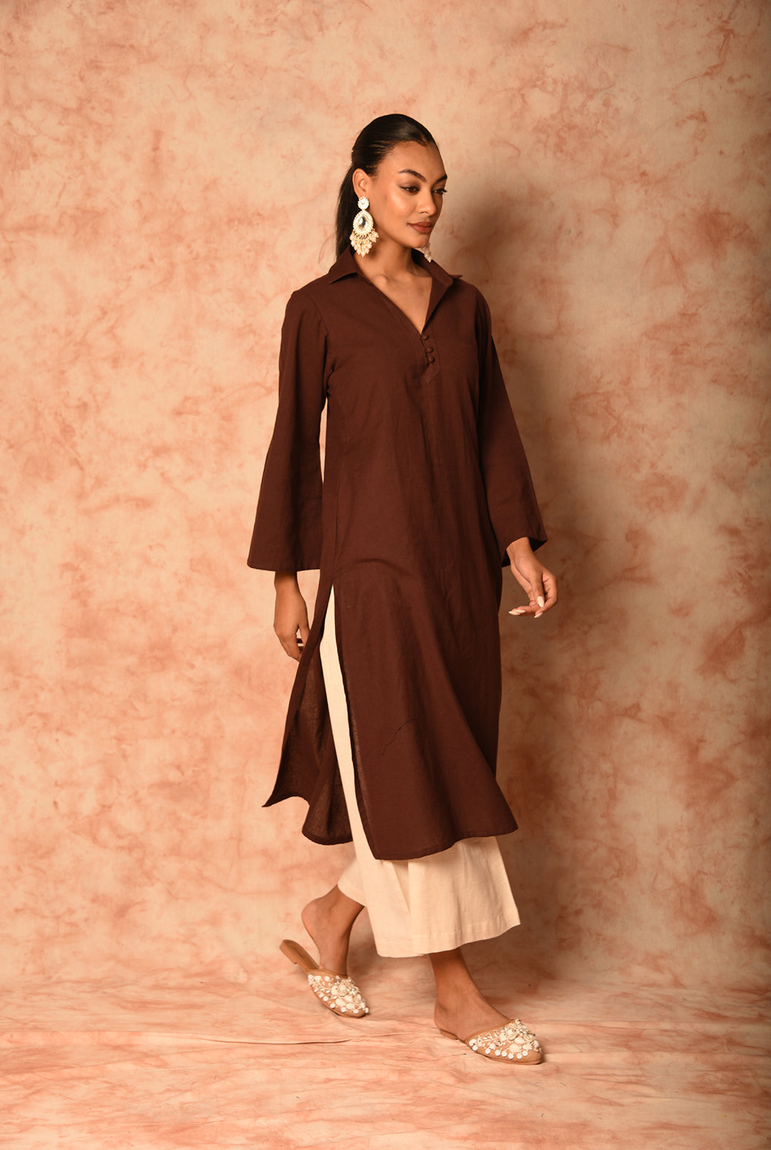 Laalzari brown linen collar-neck kurta and palazzo co-ord set for women — side view