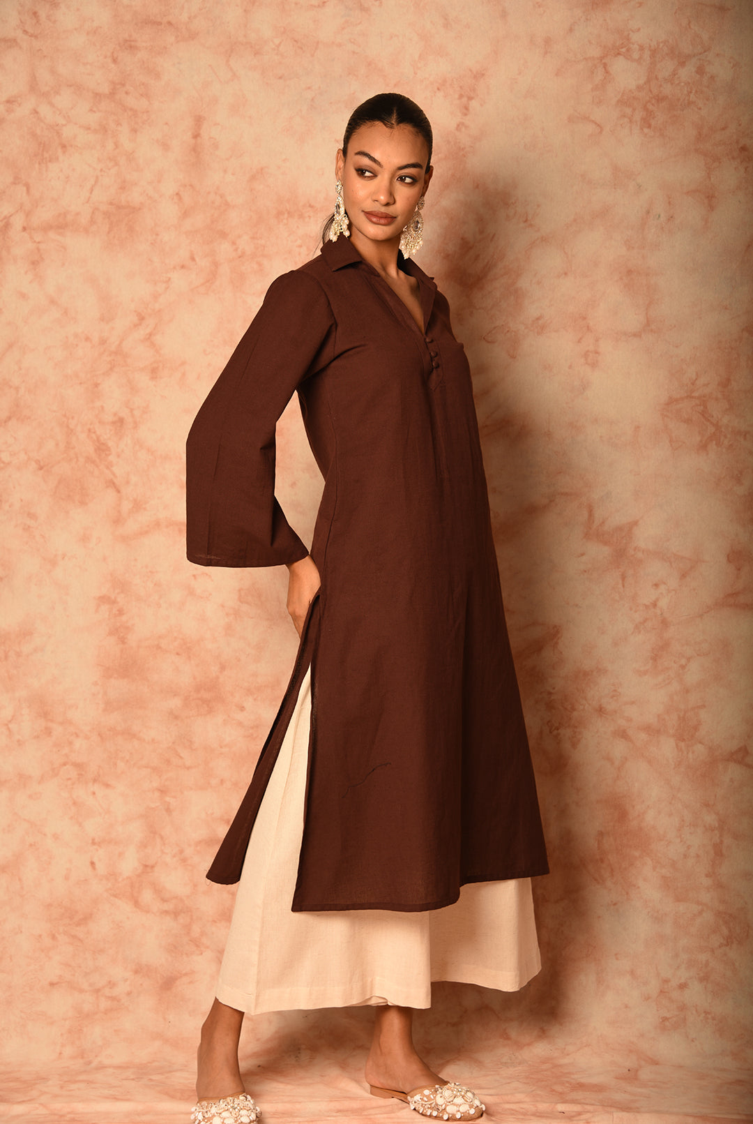 Laalzari brown linen collar-neck kurta and palazzo co-ord set for women — back view