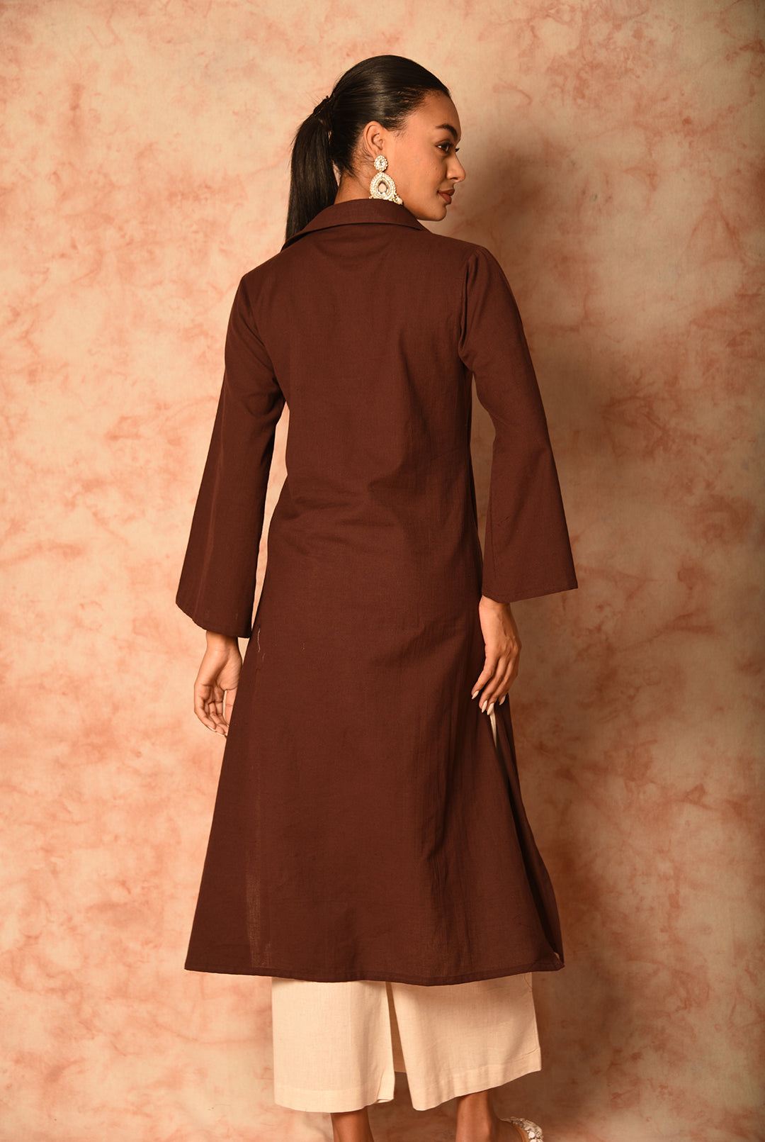 Laalzari brown linen collar-neck kurta and palazzo co-ord set for women — outfit detail