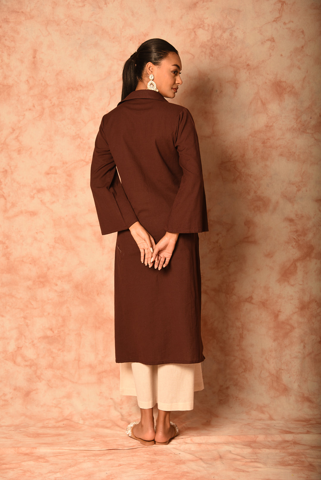 Laalzari brown linen collar-neck kurta and palazzo co-ord set for women — fabric detail